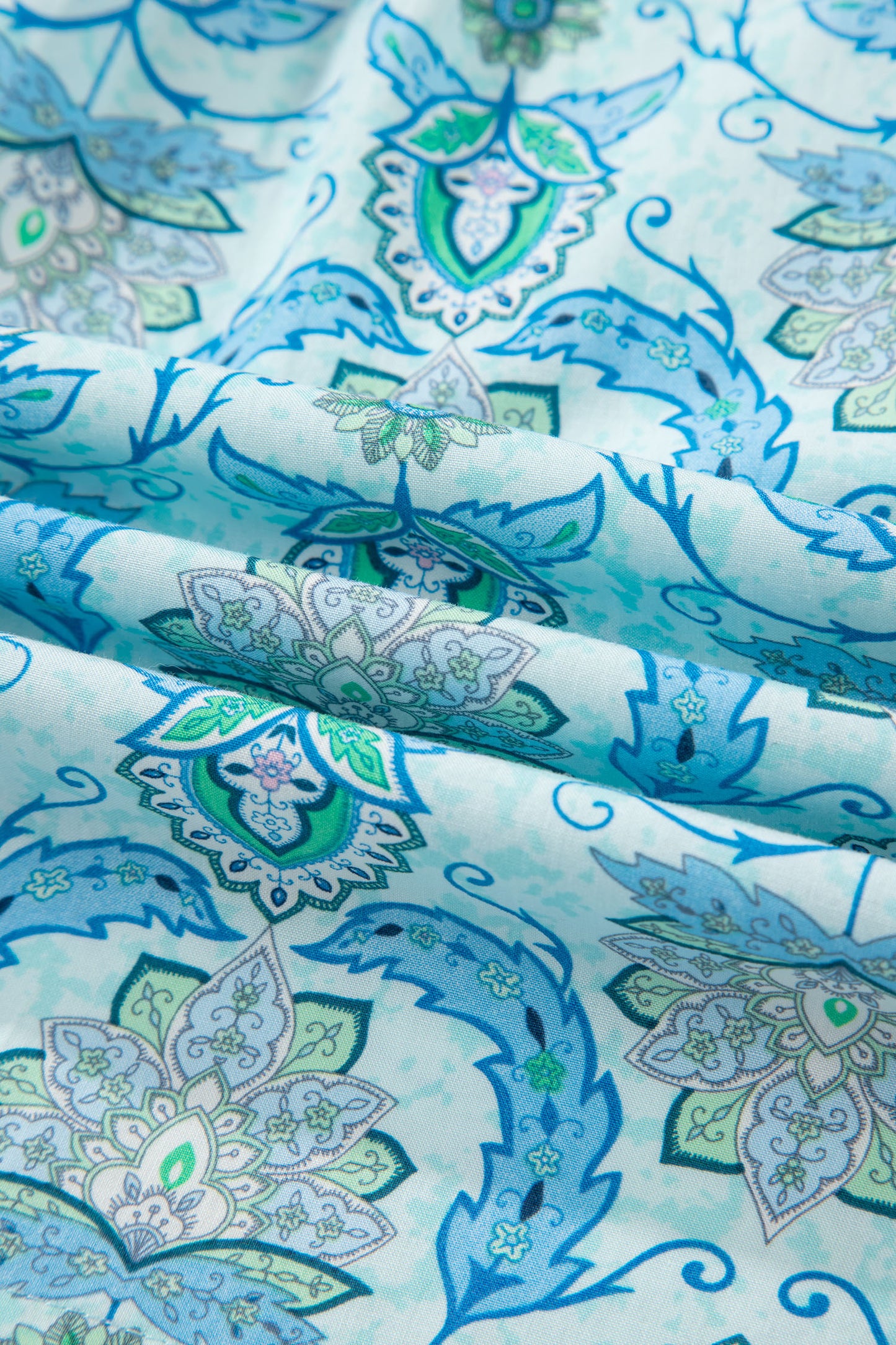 Sky Blue Paisley Print Puff Sleeve Loose Shirt-Tops/Blouses & Shirts-[Adult]-[Female]-2022 Online Blue Zone Planet