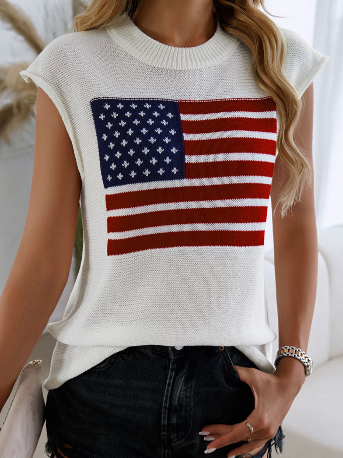 Blue Zone Planet | Devine US Flag Round Neck Sweater Vest-TOPS / DRESSES-[Adult]-[Female]-White-S-2022 Online Blue Zone Planet