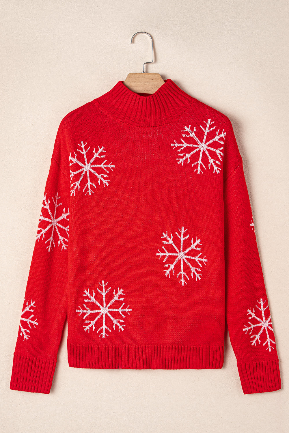 Blue Zone Planet | Fiery Red Christmas Snow Printed High Neck Sweater-Sweaters-[Adult]-[Female]-2022 Online Blue Zone Planet