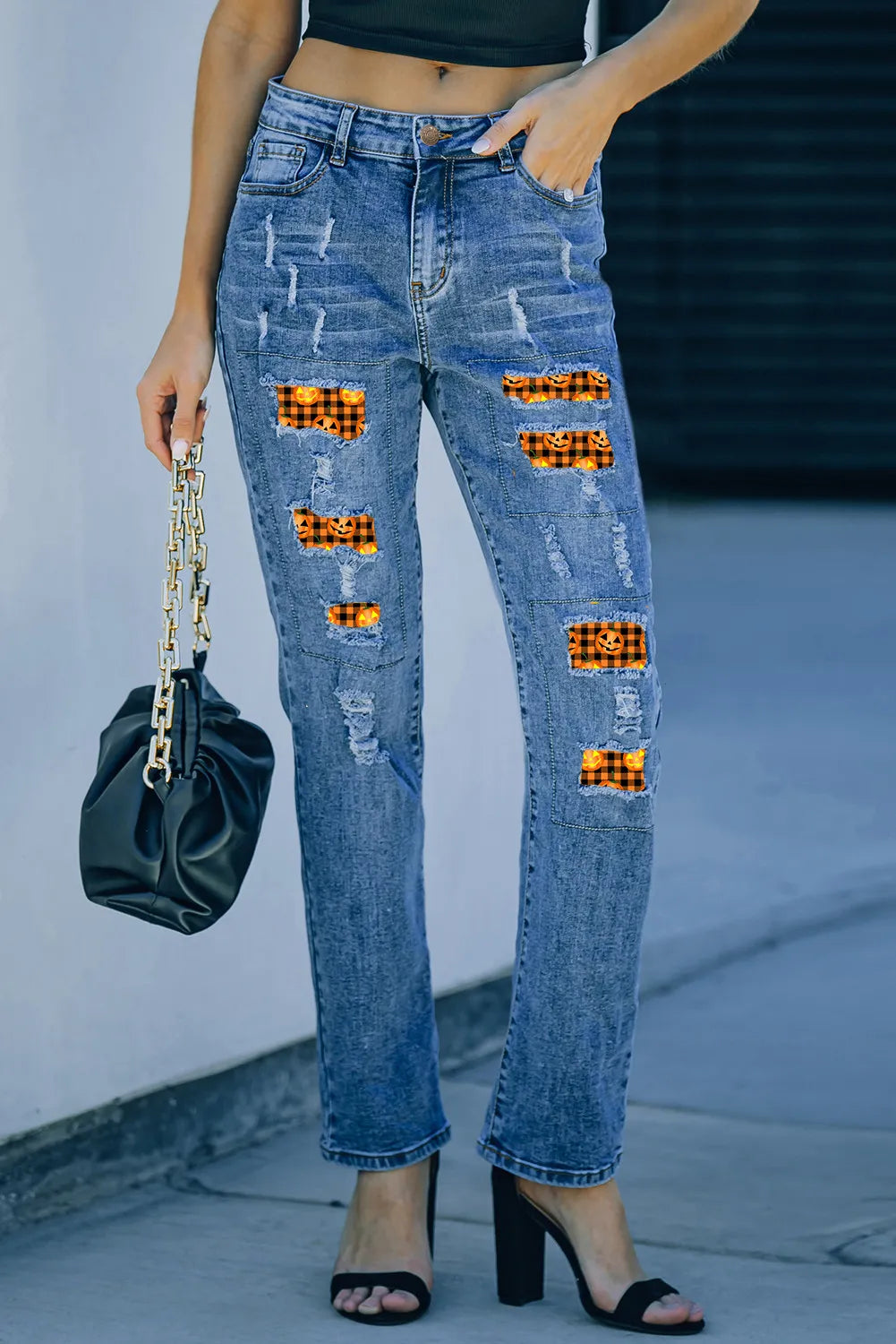 Distressed Pumpkin Pattern Jeans with Pockets-TOPS / DRESSES-[Adult]-[Female]-2022 Online Blue Zone Planet