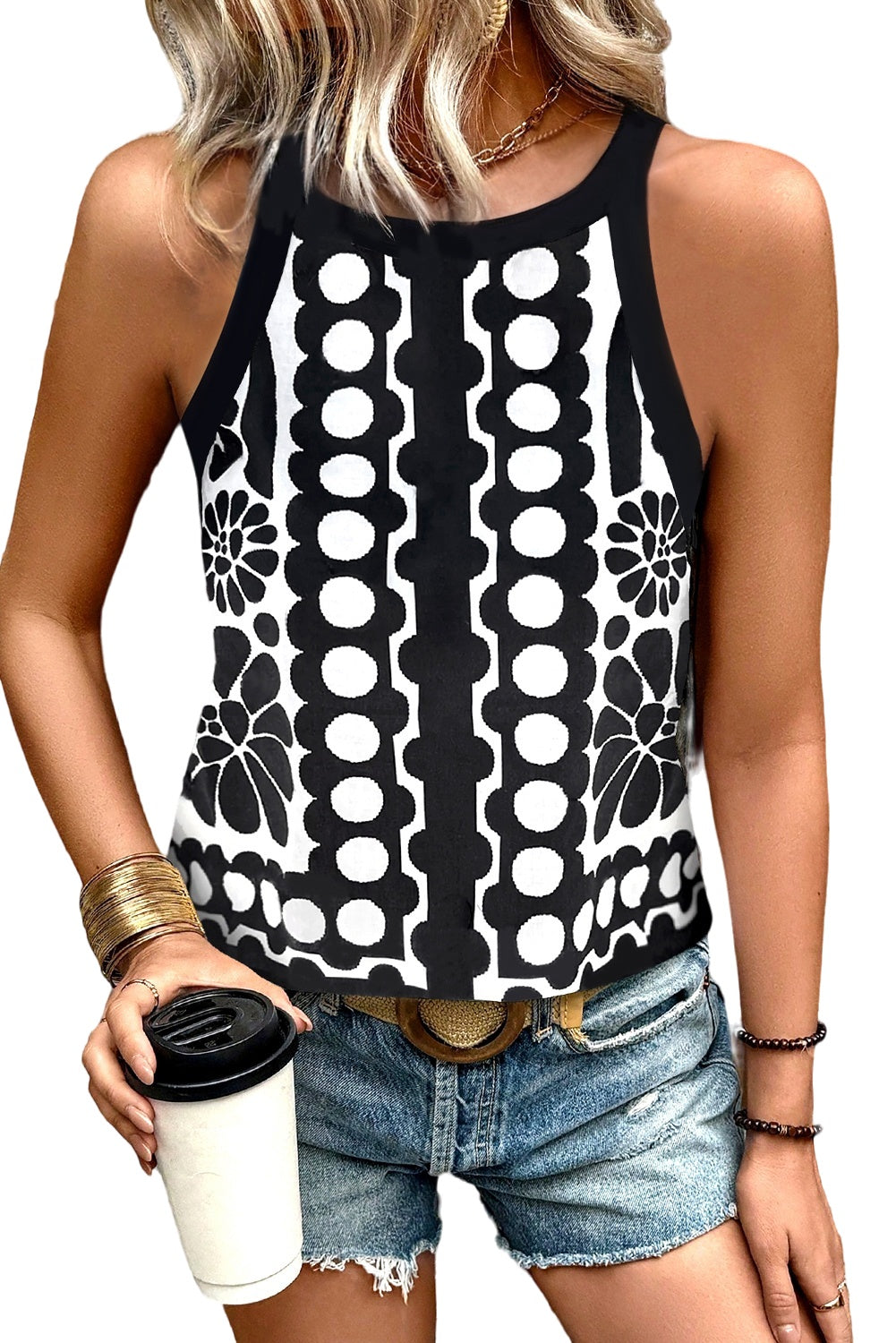 Black Abstract Dot Flower Print Tank Top-Tops/Tank Tops-[Adult]-[Female]-2022 Online Blue Zone Planet