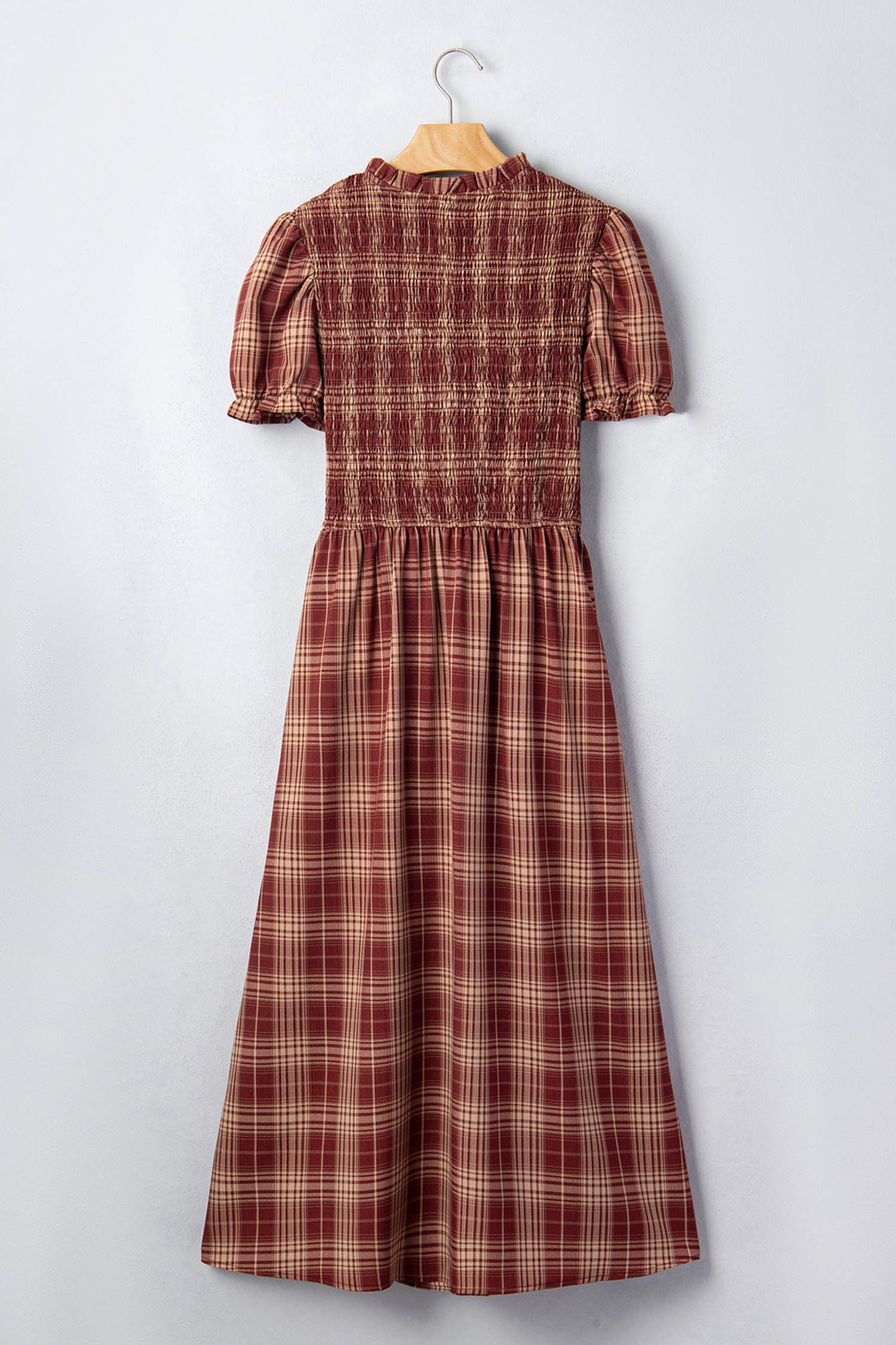 Red Vintage Plaid Knot Front Smocked High Waist Midi Dress-TOPS / DRESSES-[Adult]-[Female]-2022 Online Blue Zone Planet