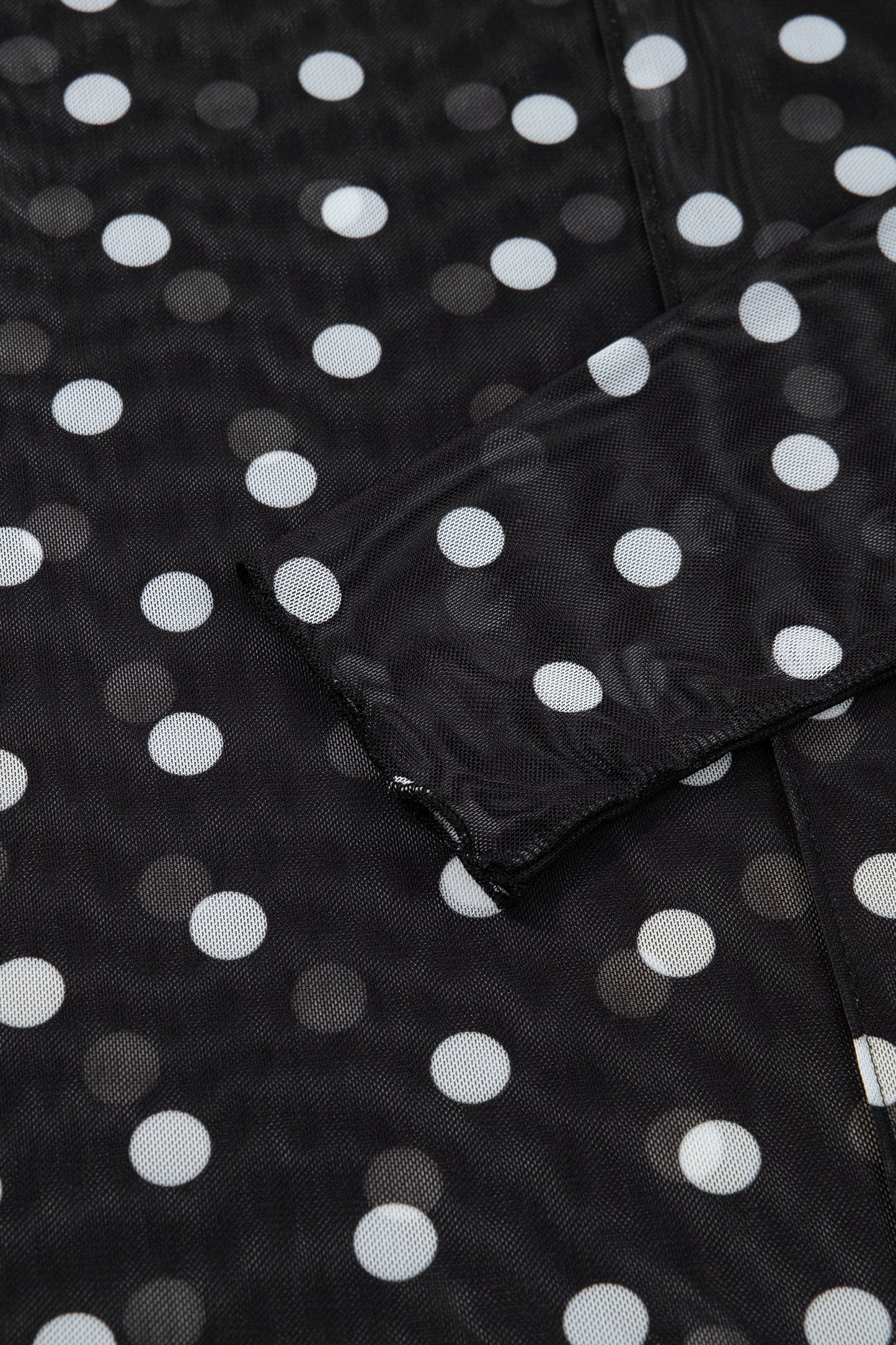 Black Polka Dot Patterned Bodycon Mock Neck Mesh Long Sleeve Top-Tops/Long Sleeve Tops-[Adult]-[Female]-2022 Online Blue Zone Planet