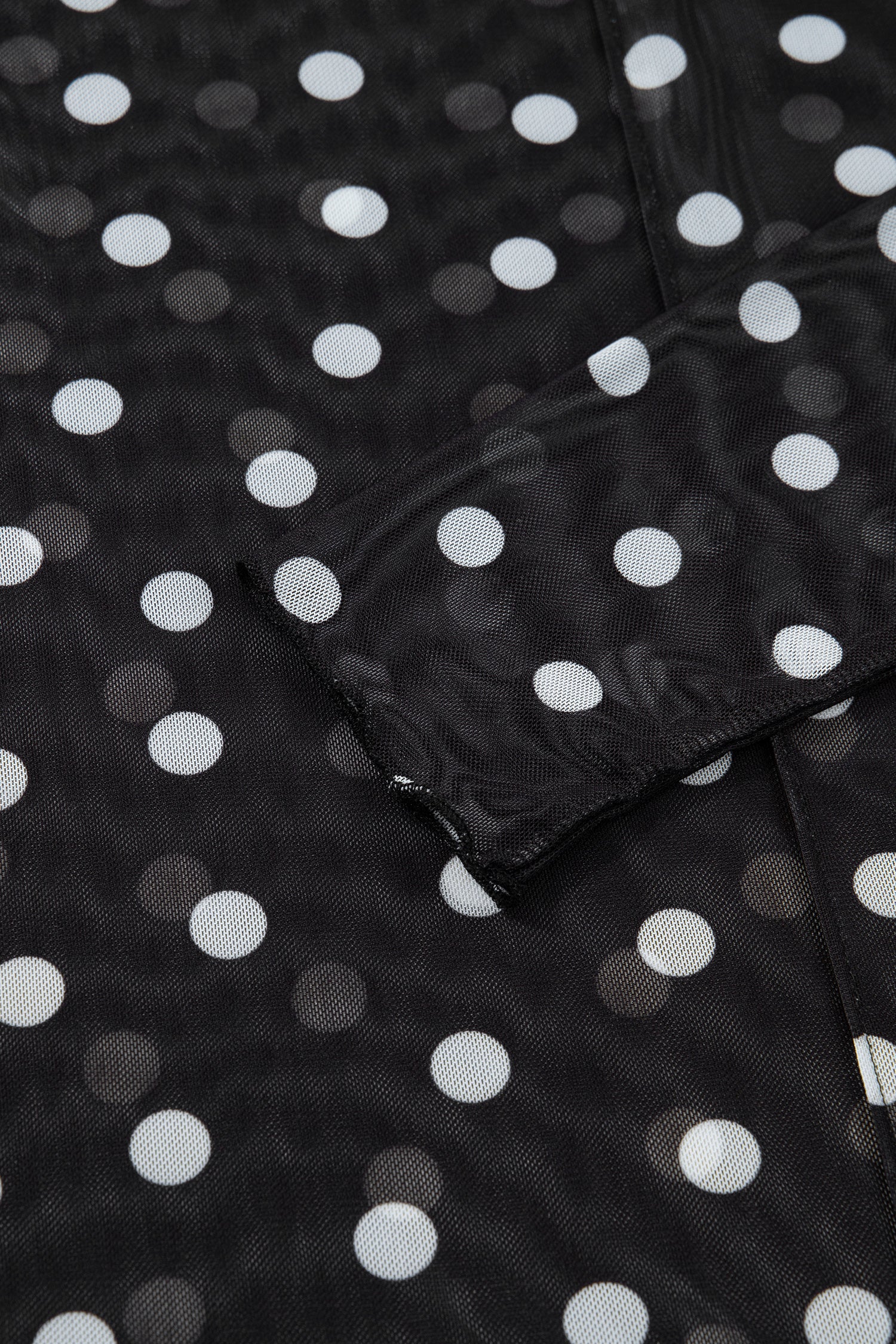 Black Polka Dot Patterned Bodycon Mock Neck Mesh Long Sleeve Top-Tops/Long Sleeve Tops-[Adult]-[Female]-2022 Online Blue Zone Planet