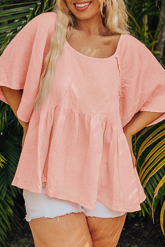 Apricot Pink Plus Size Textured Wide Short Sleeve Babydoll Blouse-Plus Size/Plus Size Tops/Plus Size Blouses & Shirts-[Adult]-[Female]-Apricot Pink-1X-2022 Online Blue Zone Planet