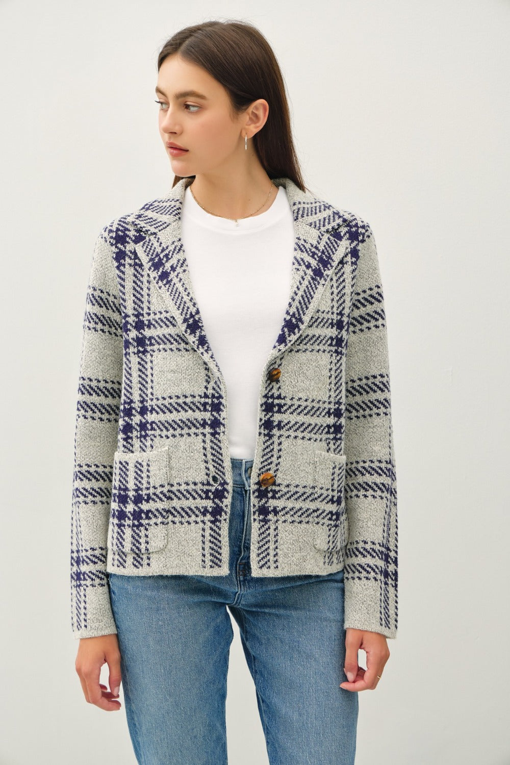 Blue Zone Planet | Be Cool Plaid Long Sleeve Sweater Jacket with Front Patch Pockets-TOPS / DRESSES-[Adult]-[Female]-2022 Online Blue Zone Planet