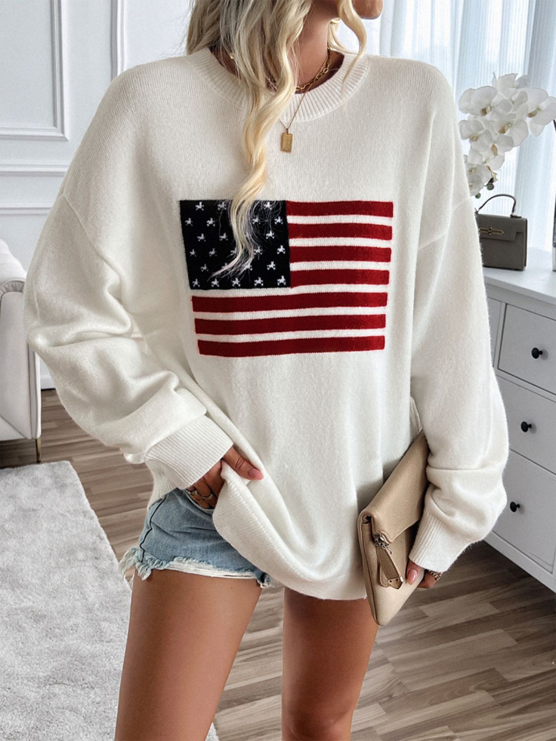 Devine US Flag Round Neck Long Sleeve Knit Top-TOPS / DRESSES-[Adult]-[Female]-2022 Online Blue Zone Planet