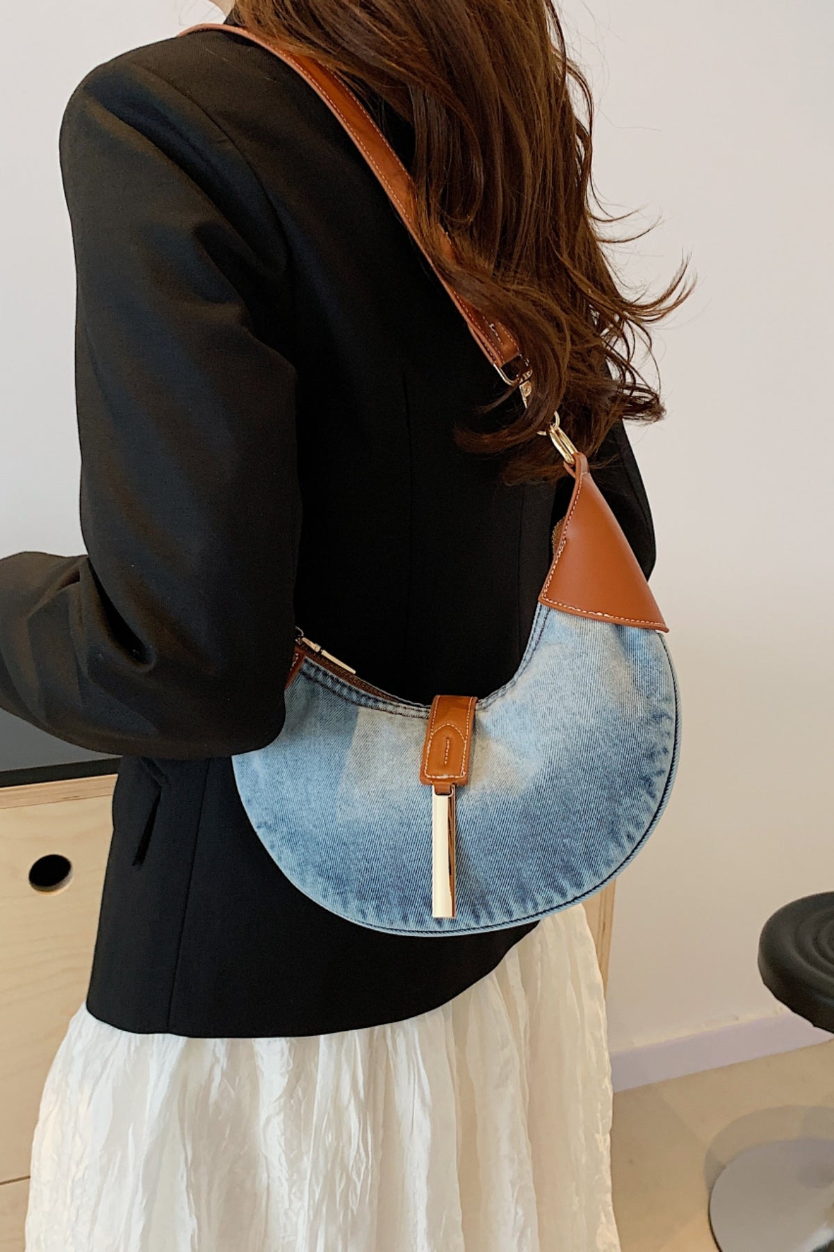 Contrast Denim Shoulder Bag-[Adult]-[Female]-2022 Online Blue Zone Planet