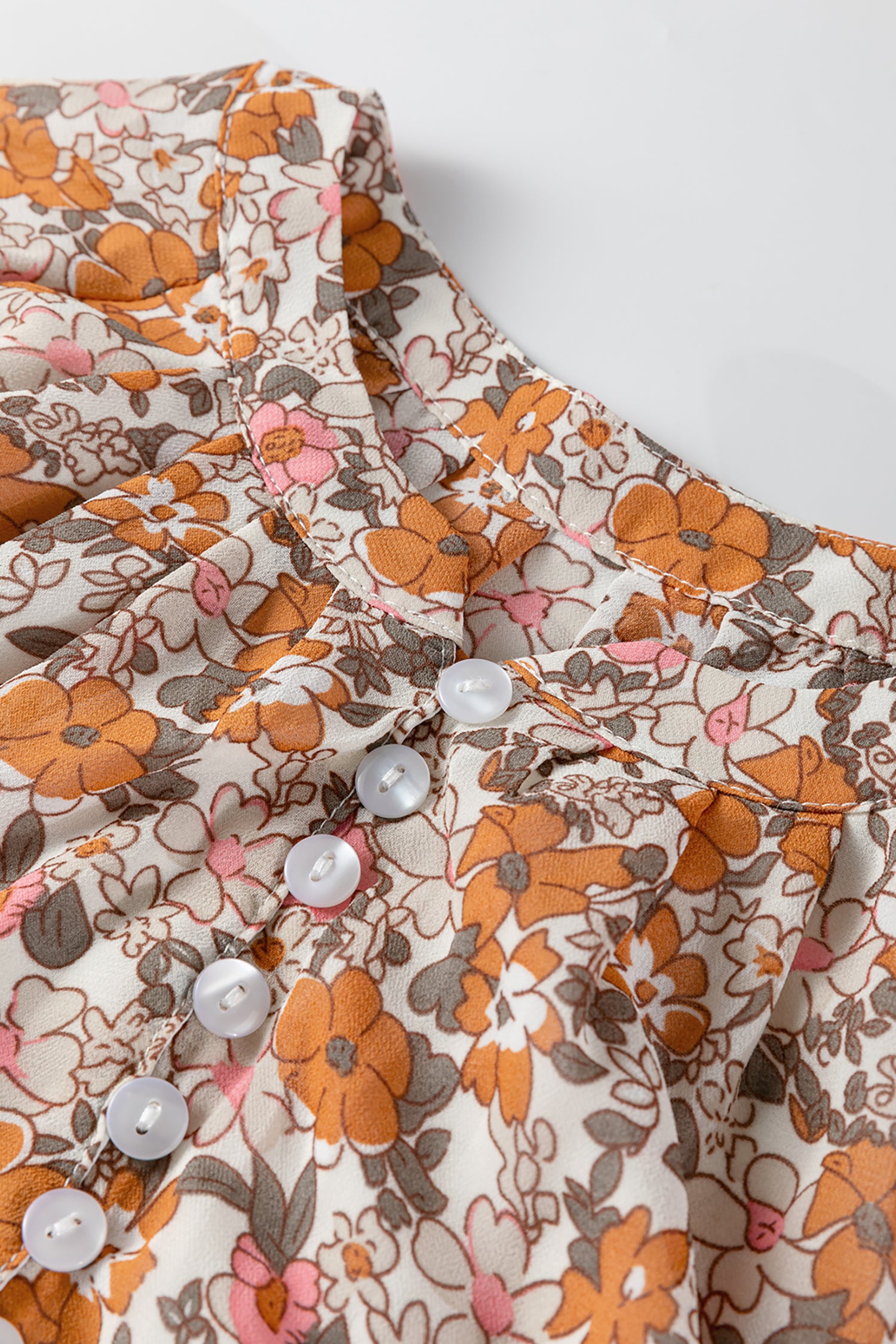 Orange Bohemian Floral Puff Sleeve Full Button Shirt-Tops/Blouses & Shirts-[Adult]-[Female]-2022 Online Blue Zone Planet