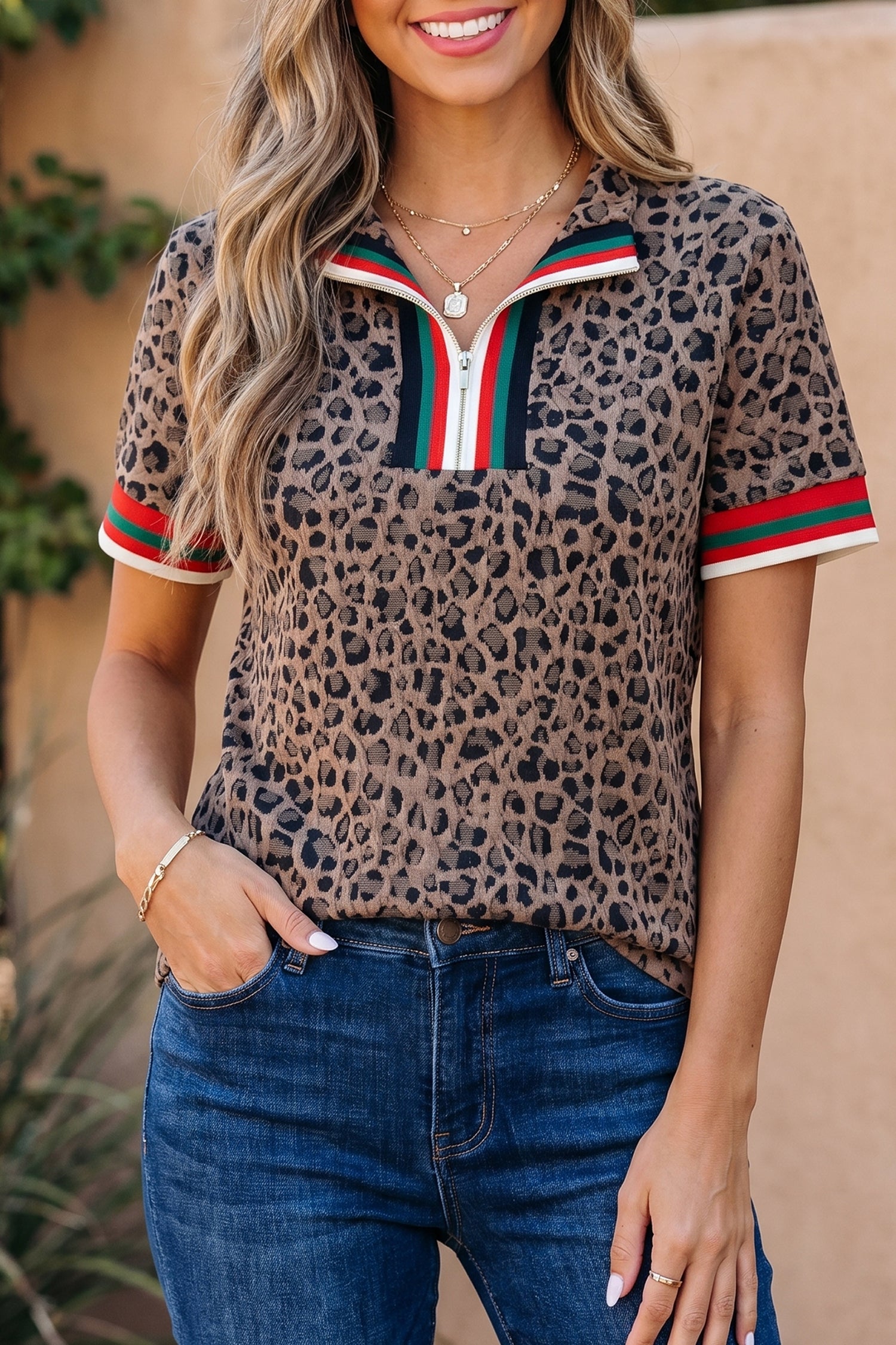 Brown Leopard Jacquard Striped Patchwork Half Zip Short Sleeve Blouse-Tops/Blouses & Shirts-[Adult]-[Female]-2022 Online Blue Zone Planet