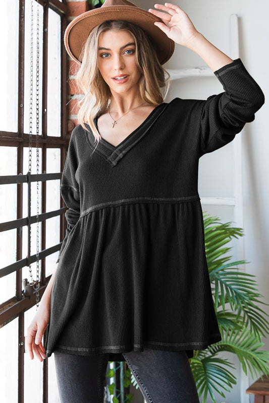 Blue Zone Planet | Heimish Full Size V-Neck Long Sleeve Ribbed Babydoll Top-TOPS / DRESSES-[Adult]-[Female]-Black-S-2022 Online Blue Zone Planet