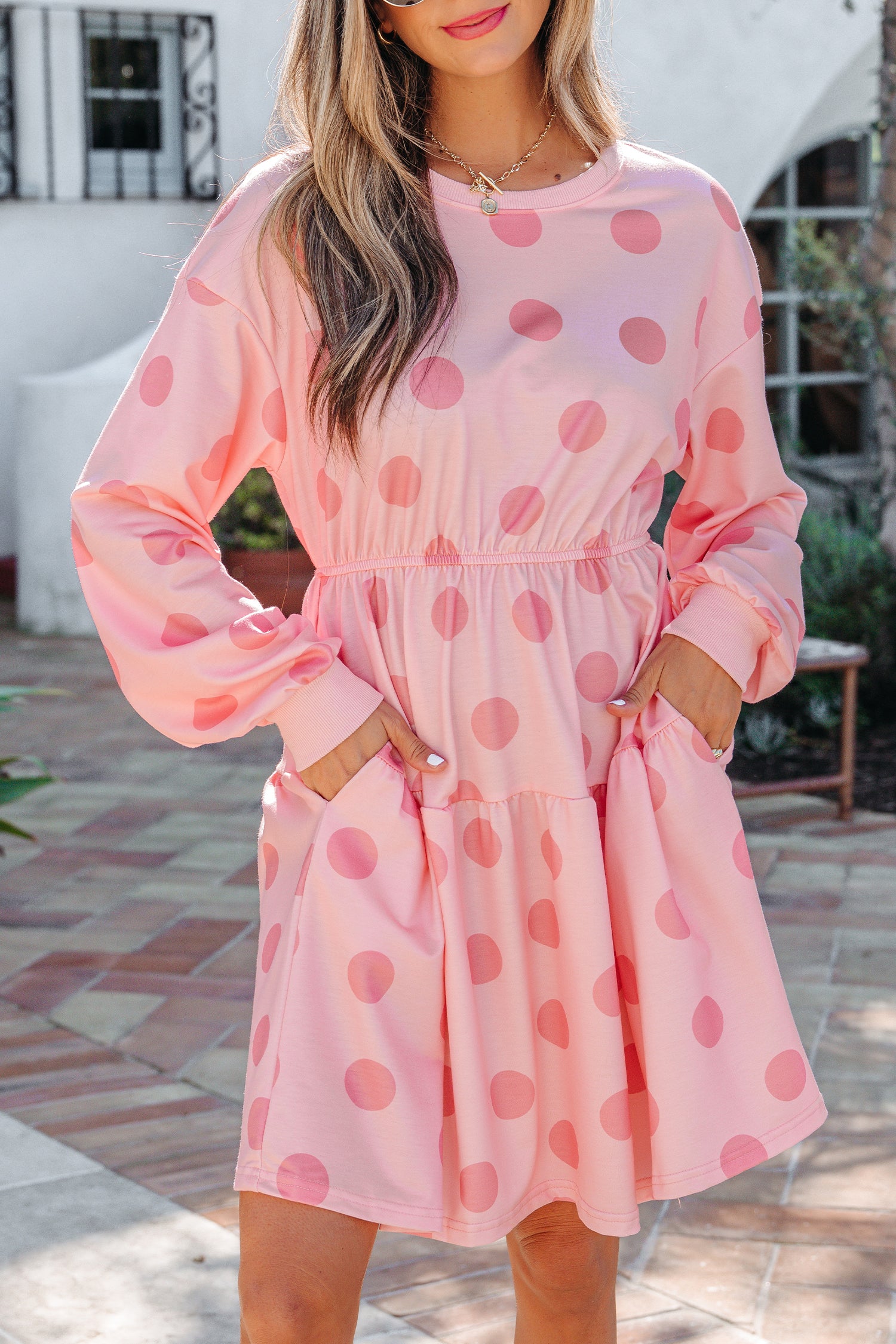 Pink Polka Dot Printed Long Sleeve Flared Mini Dress-TOPS / DRESSES-[Adult]-[Female]-2022 Online Blue Zone Planet