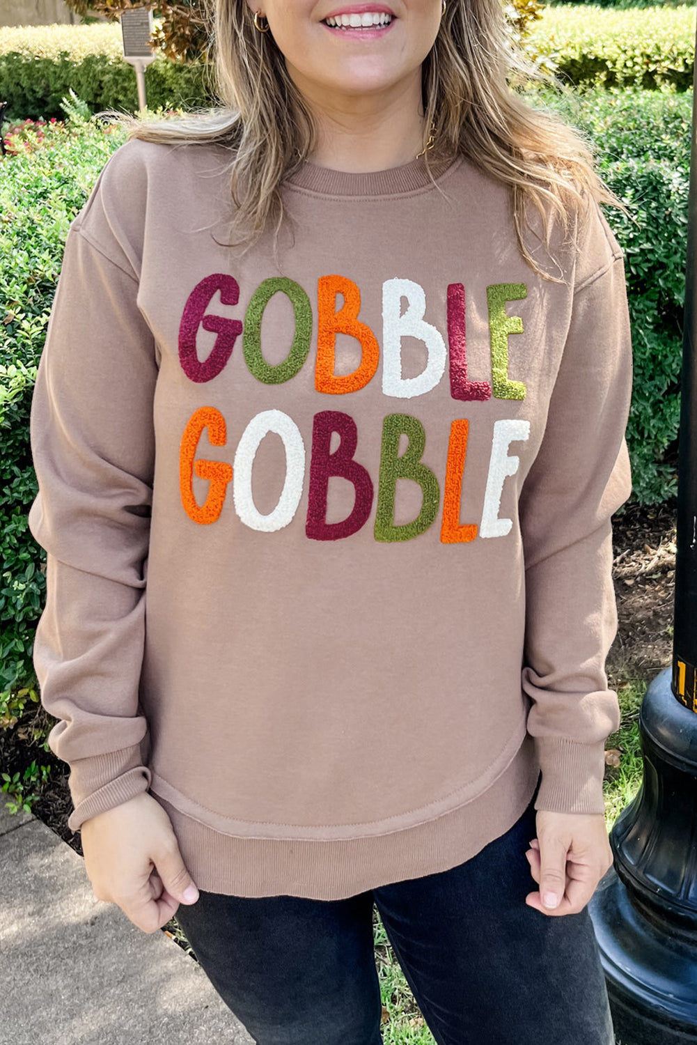 Dark Khaki GOBBLE Letter Graphic Thanksgiving Shift Sweatshirt-Tops/Sweatshirts & Hoodies-[Adult]-[Female]-Dark Khaki-S-2022 Online Blue Zone Planet