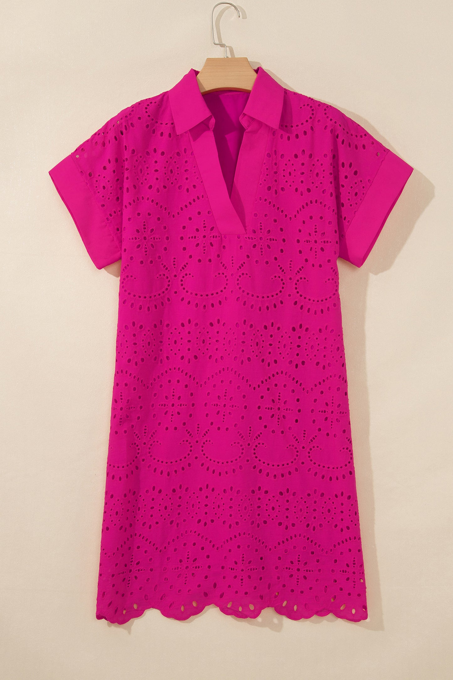 Rose Red Solid Color Eyelet Embroidered T Shirt Mini Dress-TOPS / DRESSES-[Adult]-[Female]-2022 Online Blue Zone Planet