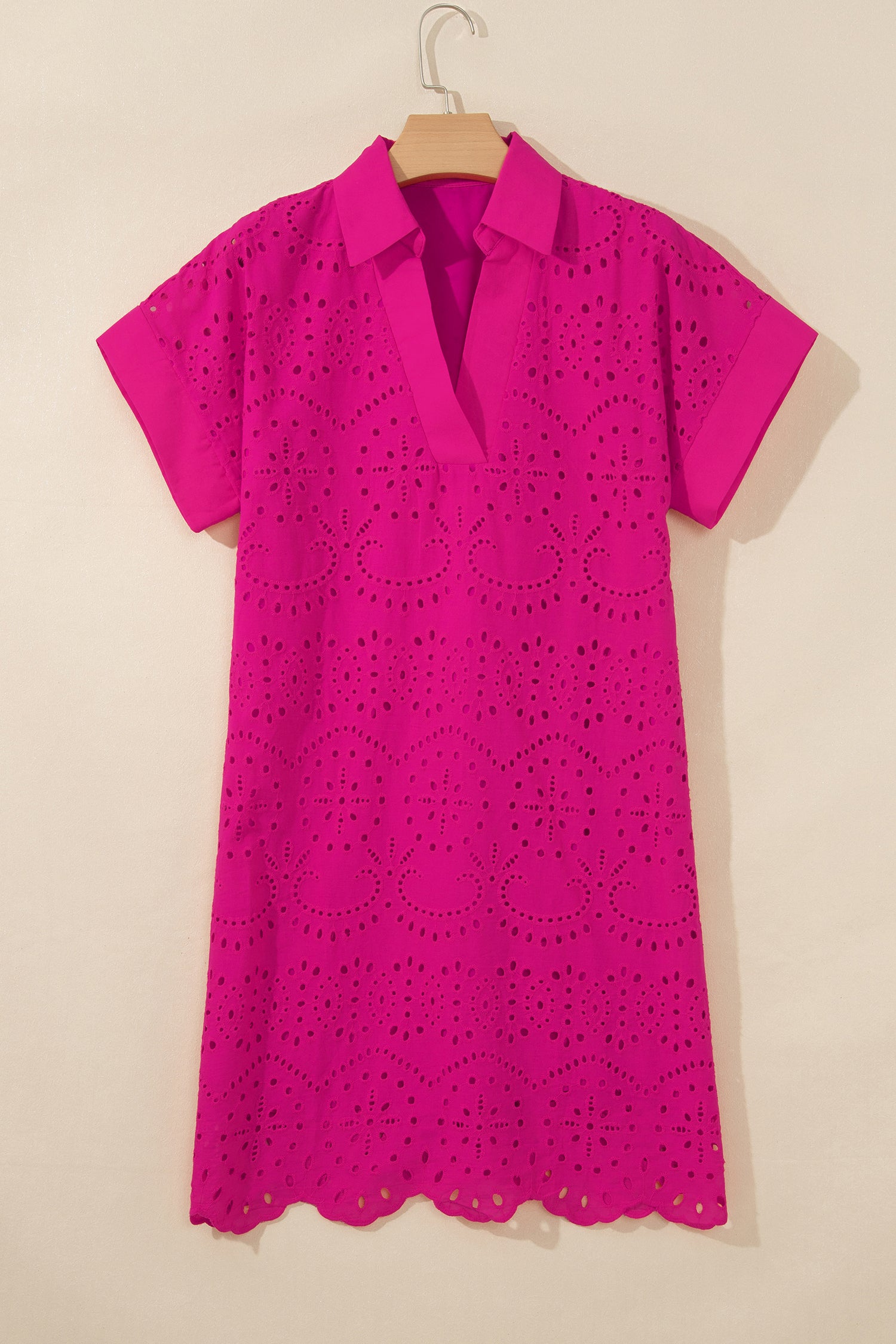 Rose Red Solid Color Eyelet Embroidered T Shirt Mini Dress-TOPS / DRESSES-[Adult]-[Female]-2022 Online Blue Zone Planet