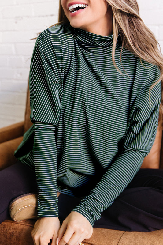 Green Stripe High Neck Dropped Shoulder Long Sleeve Casual Top-Tops/Long Sleeve Tops-[Adult]-[Female]-Green Stripe-S-2022 Online Blue Zone Planet