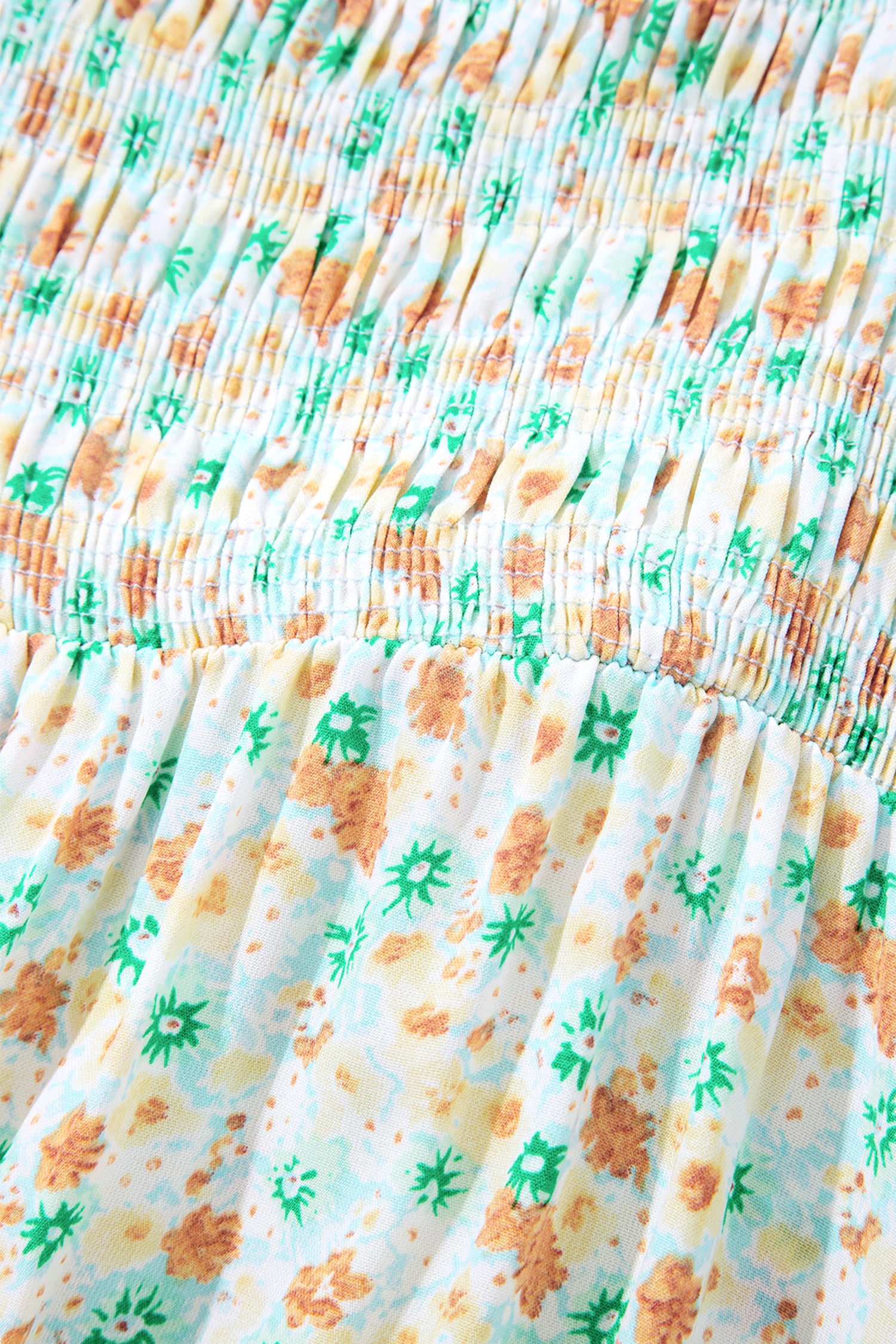 Green Floral Short Bubble Sleeve Shirred High Waist Maxi Dress-TOPS / DRESSES-[Adult]-[Female]-2022 Online Blue Zone Planet