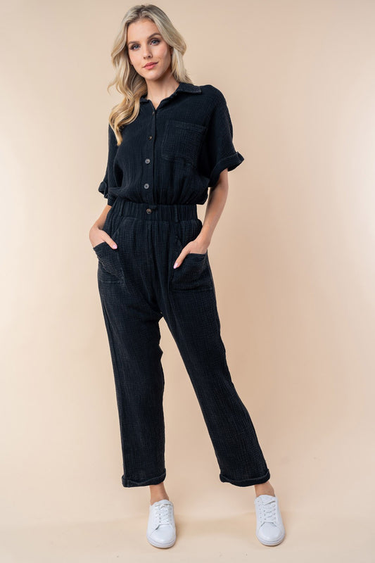 Blue Zone Planet | White Birch Texture Short Sleeve Jumpsuit-TOPS / DRESSES-[Adult]-[Female]-Black-S-2022 Online Blue Zone Planet