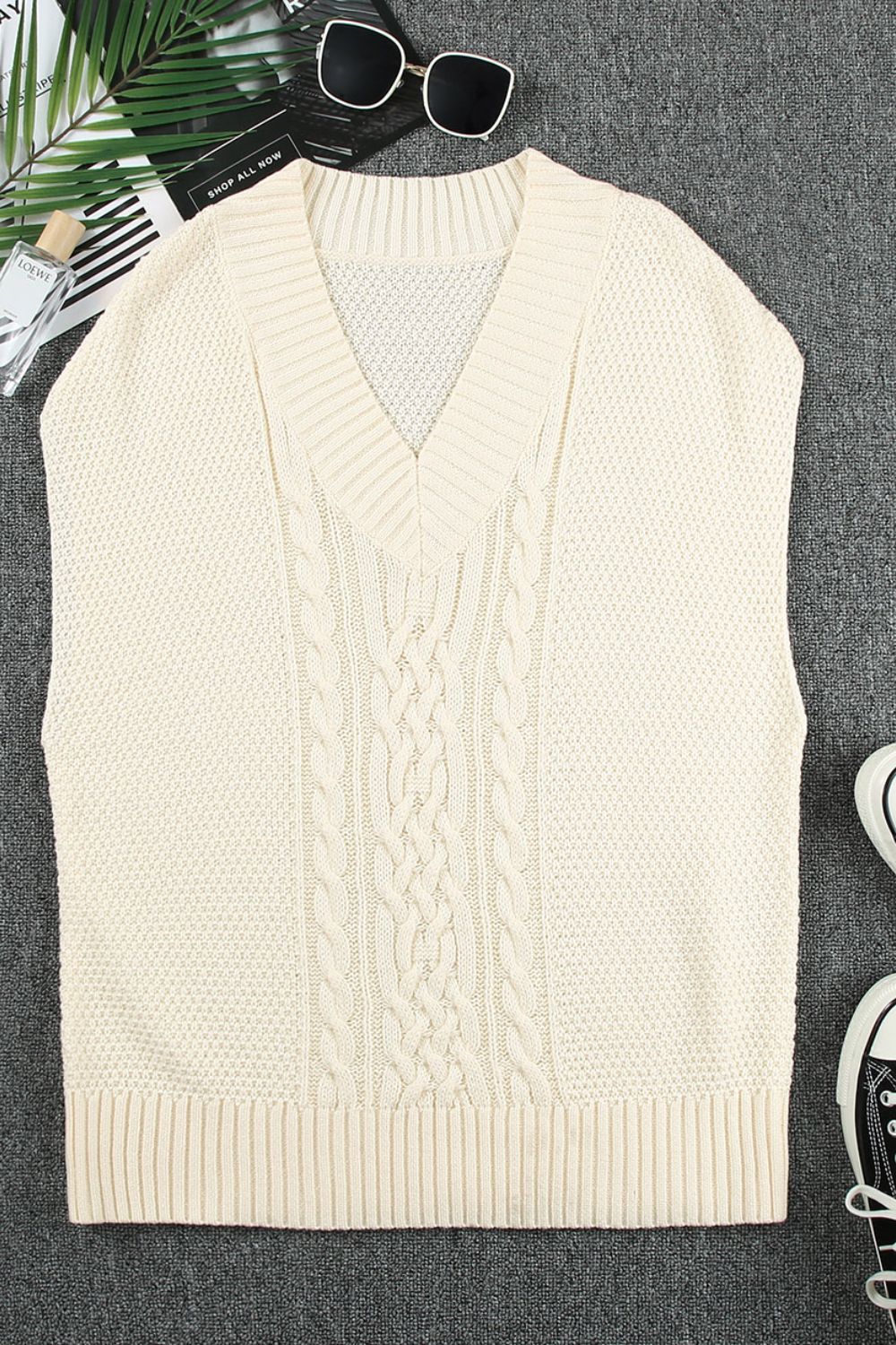 Cable-Knit V-Neck Sweater Vest-TOPS / DRESSES-[Adult]-[Female]-2022 Online Blue Zone Planet