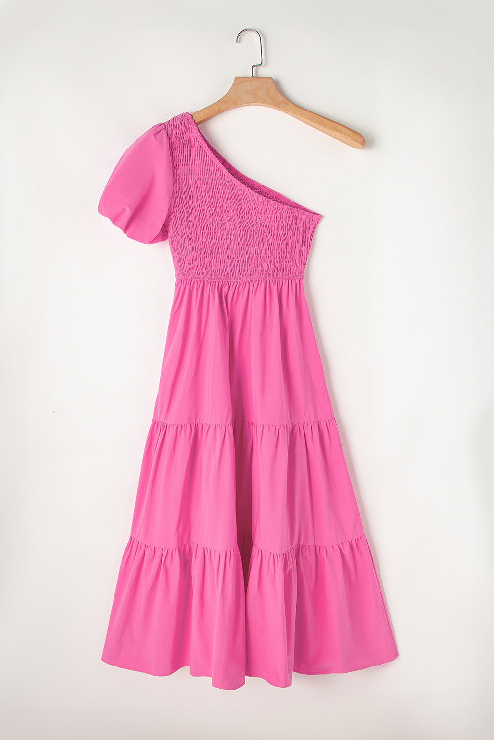 Strawberry Pink Asymmetric Puff Sleeve Smocked Bodice Tiered Midi Dress Blue Zone Planet