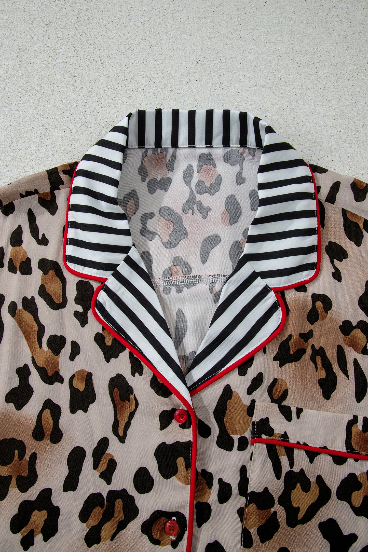 Khaki Plus Leopard Print Contrast Piping Striped Patchwork 2pcs Long Pajama Set-Plus Size/Plus Size Loungewear-[Adult]-[Female]-2022 Online Blue Zone Planet