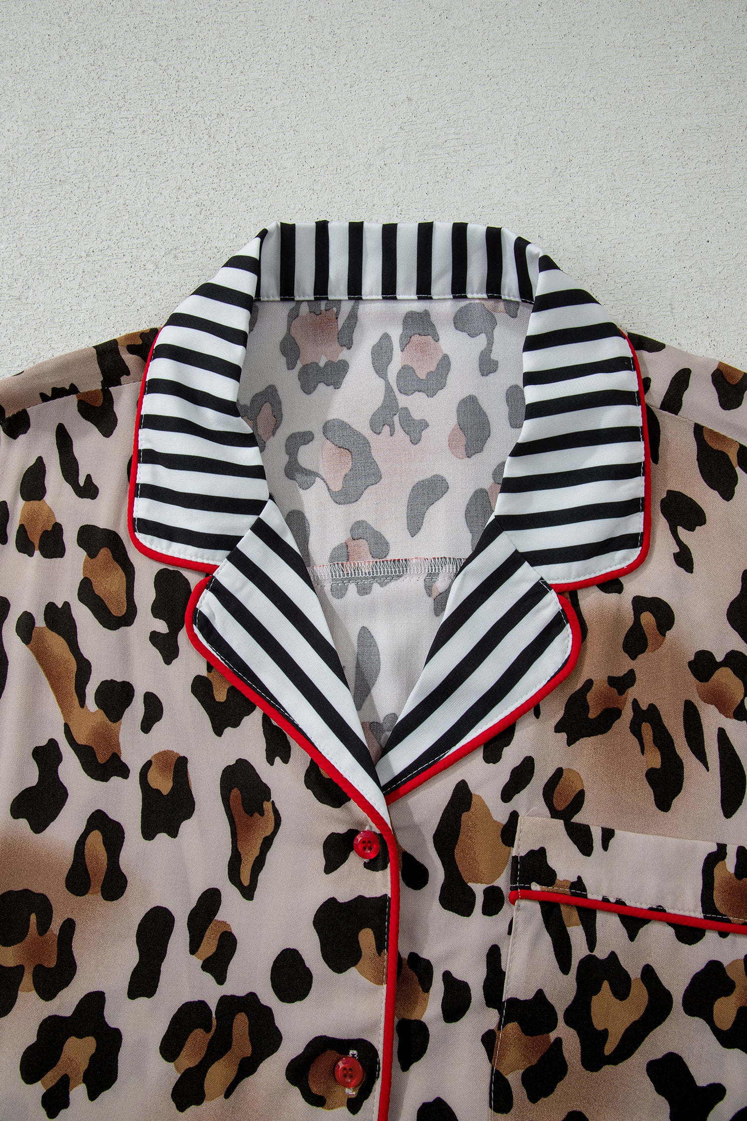 Khaki Plus Leopard Print Contrast Piping Striped Patchwork 2pcs Long Pajama Set-Plus Size/Plus Size Loungewear-[Adult]-[Female]-2022 Online Blue Zone Planet