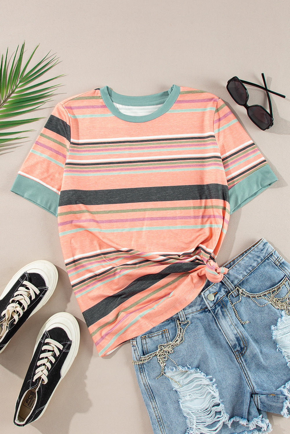 Pink Multicolor Stripes Crew Neck T Shirt-Tops/Tops & Tees-[Adult]-[Female]-2022 Online Blue Zone Planet