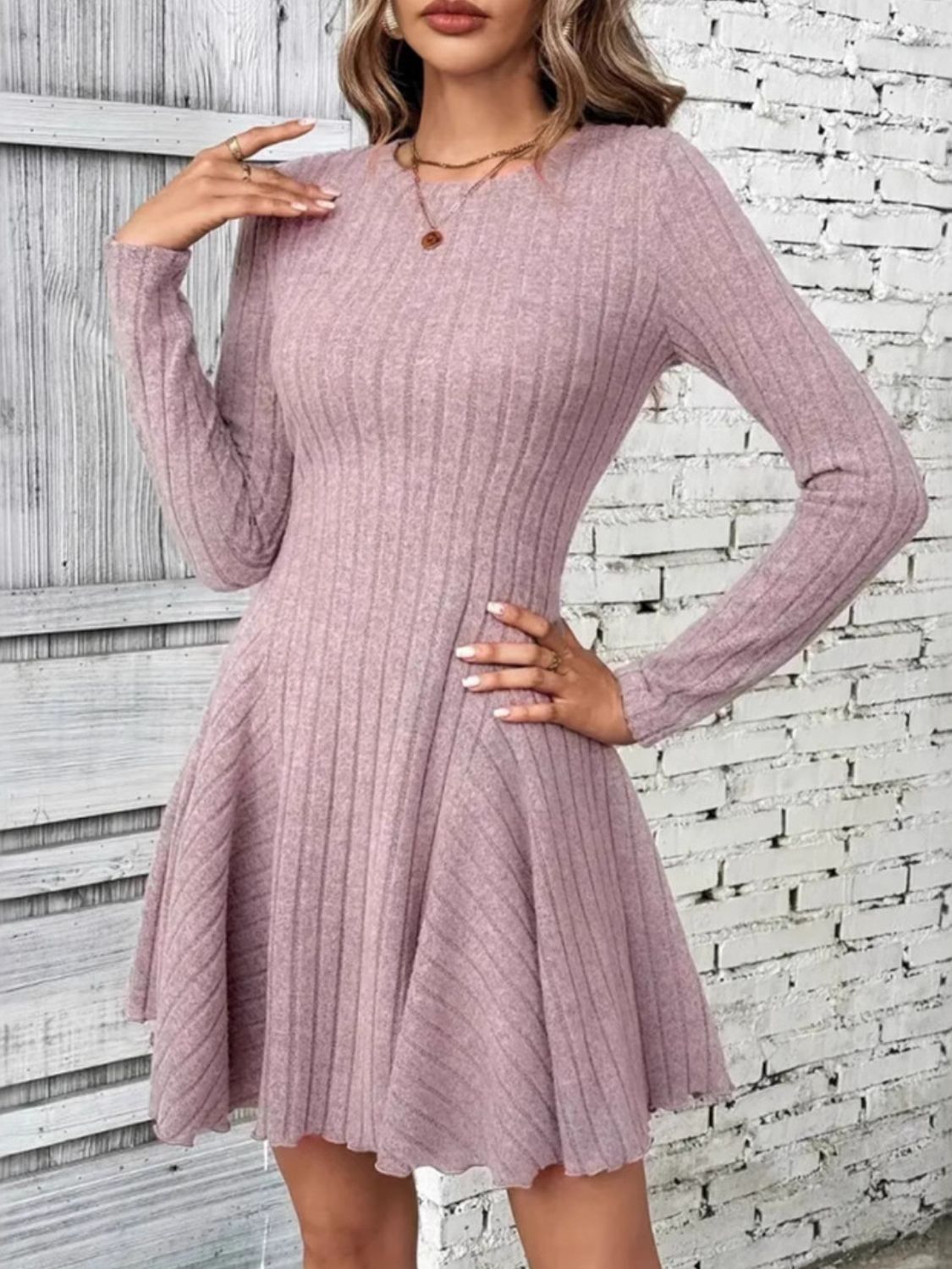 Ribbed Round Neck Long Sleeve Mini Dress-TOPS / DRESSES-[Adult]-[Female]-2022 Online Blue Zone Planet