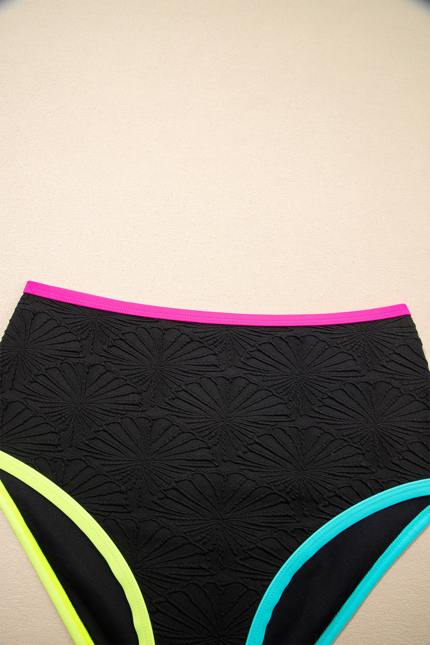 Black Floral Textured Neon Trim V Neck Crisscross Backless Tankini Set-Swimwear/Tankinis-[Adult]-[Female]-2022 Online Blue Zone Planet