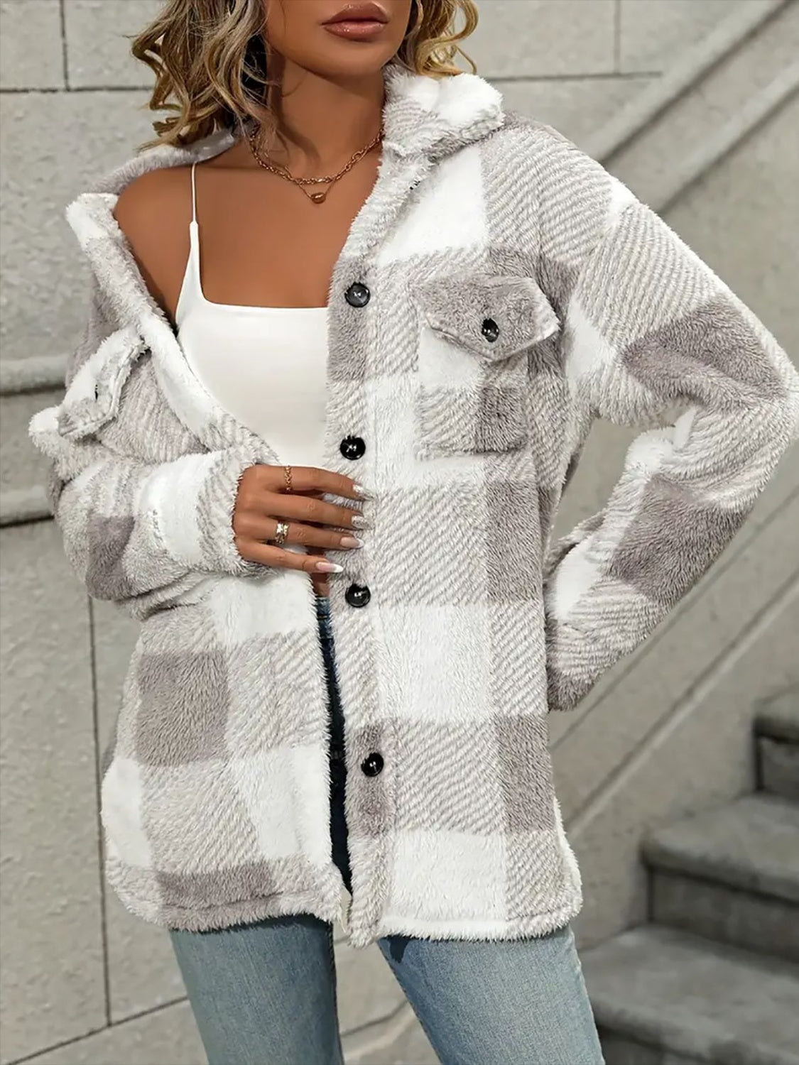 Blue Zone Planet | Plaid Dropped Shoulder Long Sleeve Plush Coat-TOPS / DRESSES-[Adult]-[Female]-2022 Online Blue Zone Planet