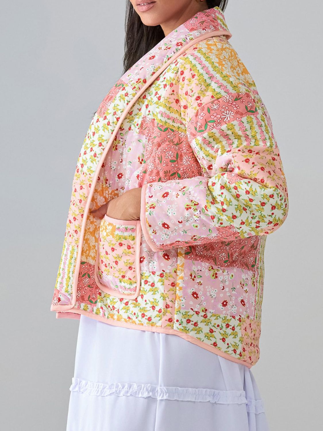 Printed Patchwork Open Front Cardigan with Pockets