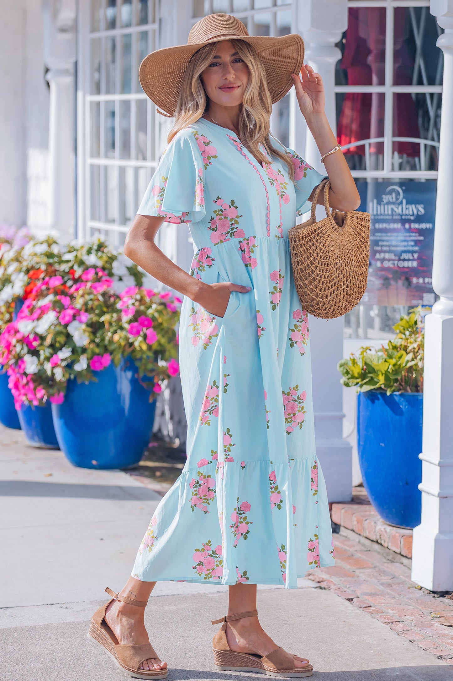 Sky Blue Notched Neck Flutter Short Sleeve Floral Print Maxi Dress-TOPS / DRESSES-[Adult]-[Female]-2022 Online Blue Zone Planet