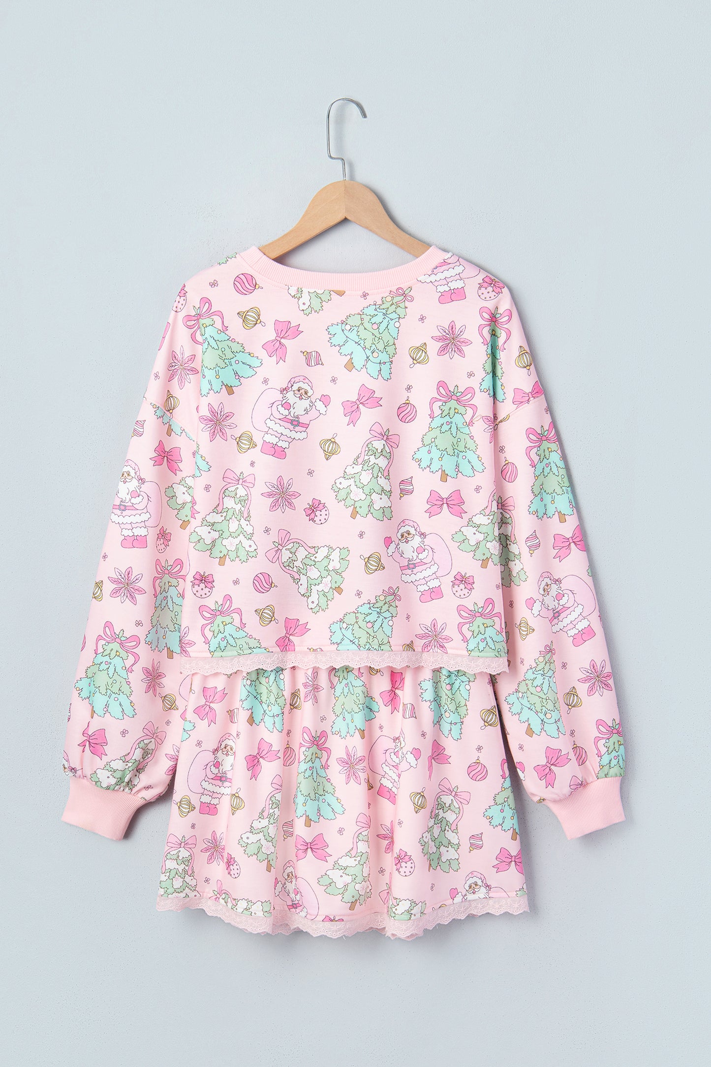 Pink Floral Print Lace Trim Long Sleeve Skirt Set-Two Piece Sets/Two Piece Dresses-[Adult]-[Female]-2022 Online Blue Zone Planet