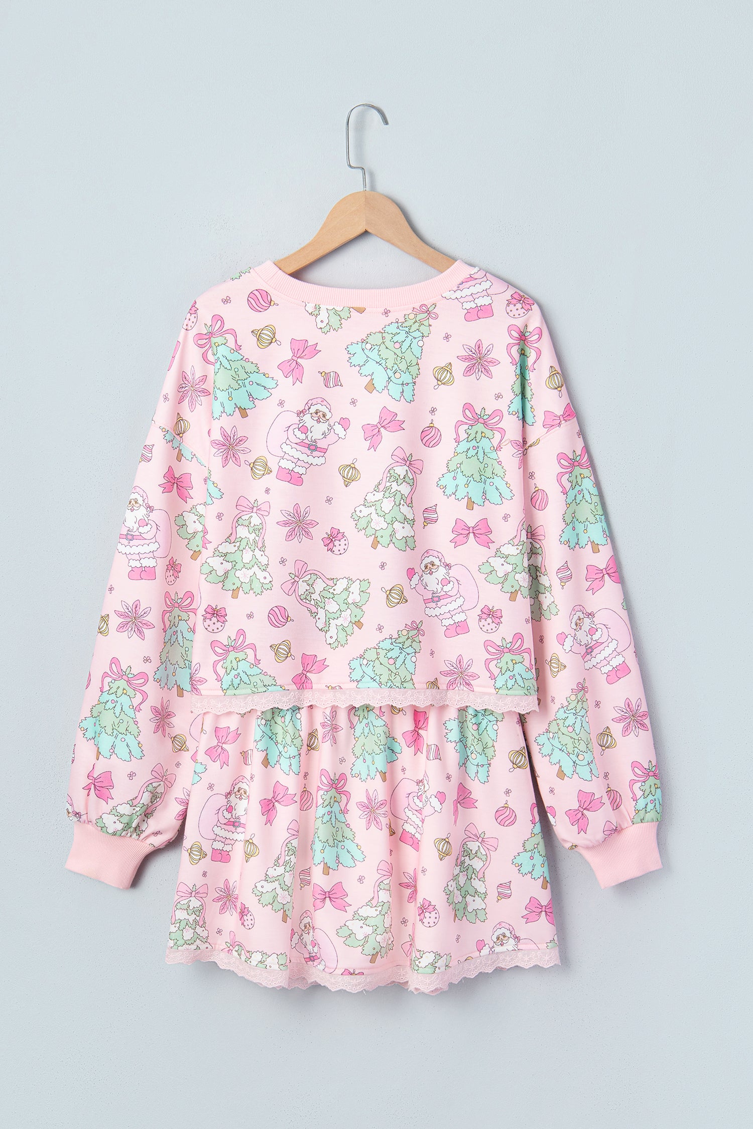 Pink Floral Print Lace Trim Long Sleeve Skirt Set-Two Piece Sets/Two Piece Dresses-[Adult]-[Female]-2022 Online Blue Zone Planet