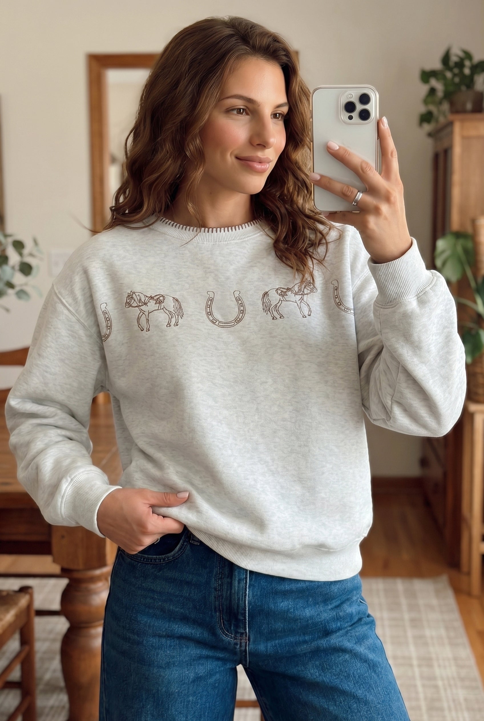 Light Grey Western Print Embroidered Casual Sweatshirt-Tops/Sweatshirts & Hoodies-[Adult]-[Female]-2022 Online Blue Zone Planet