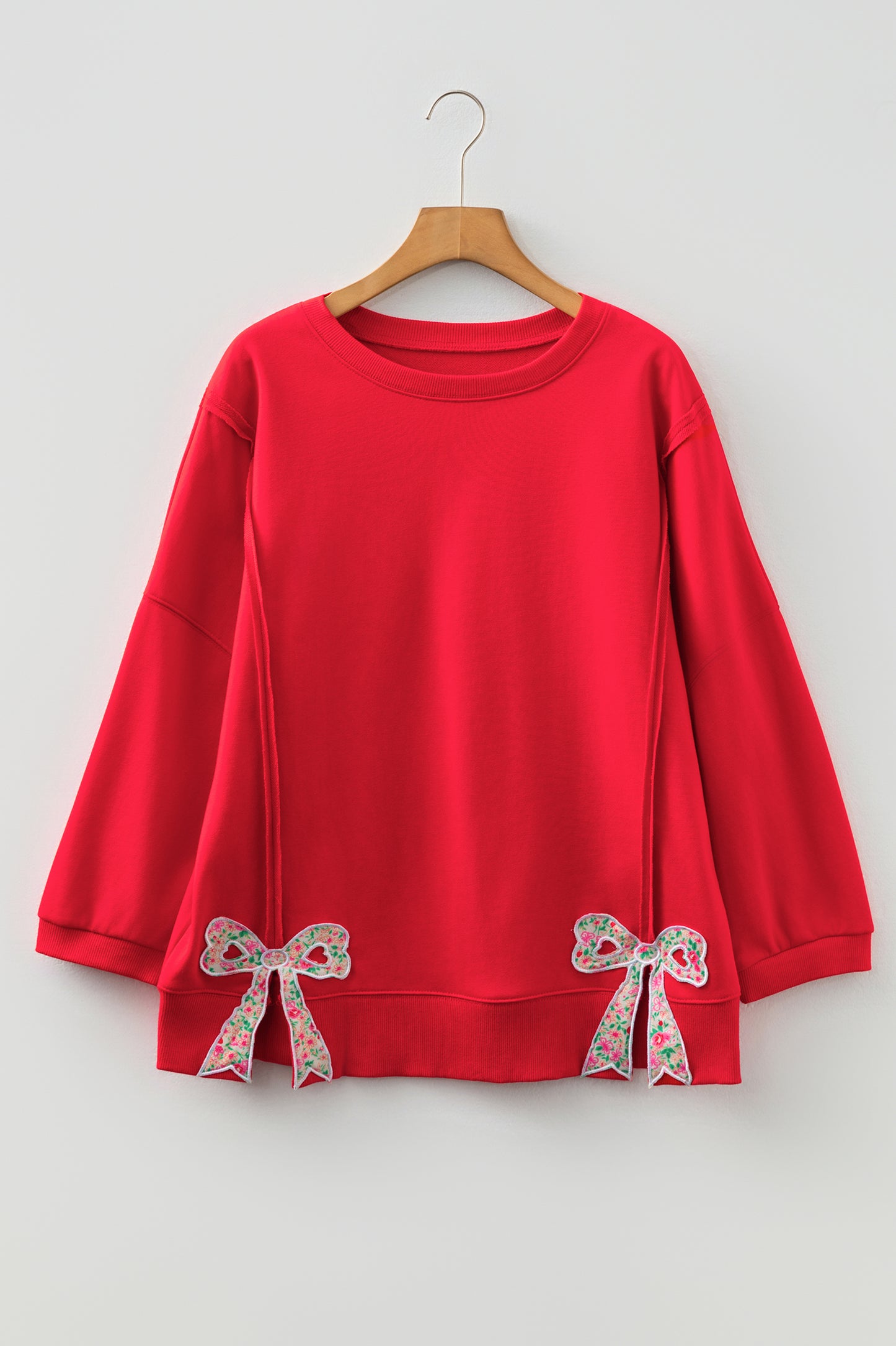 Fiery Red Floral Bow Patched Exposed Seam Patchwork Slit Baggy Sweatshirt-Tops/Sweatshirts & Hoodies-[Adult]-[Female]-2022 Online Blue Zone Planet
