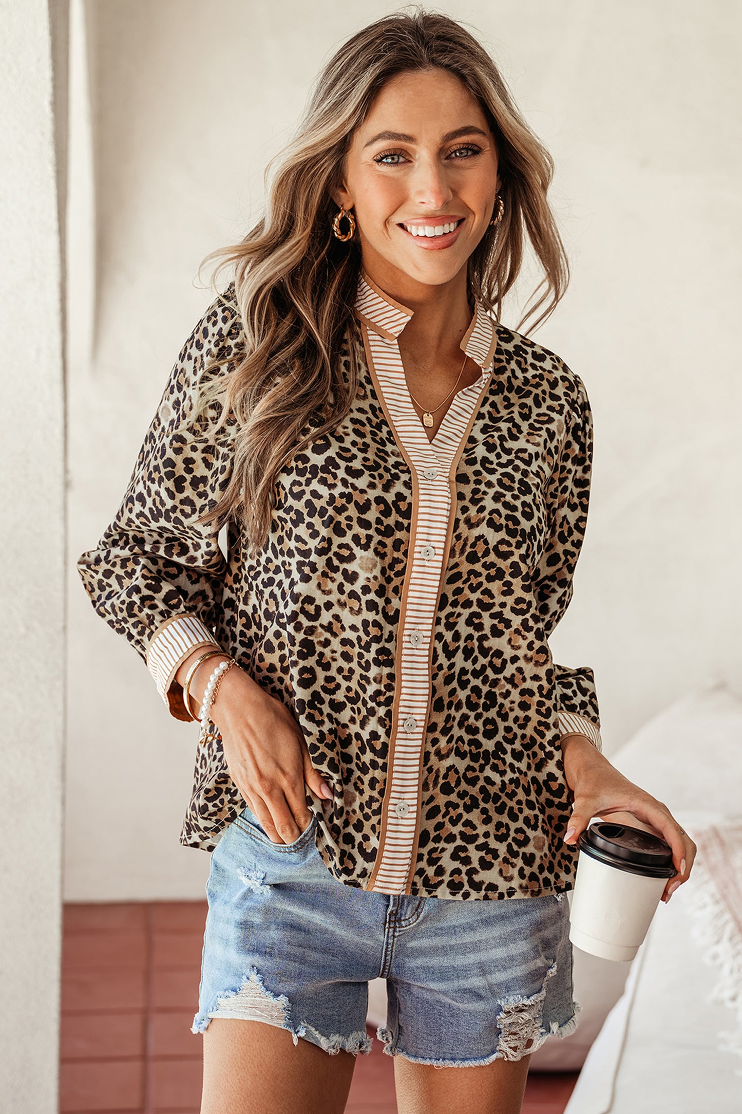Khaki Contrast Striped Trim V Neck Leopard Shirt-Tops/Blouses & Shirts-[Adult]-[Female]-2022 Online Blue Zone Planet