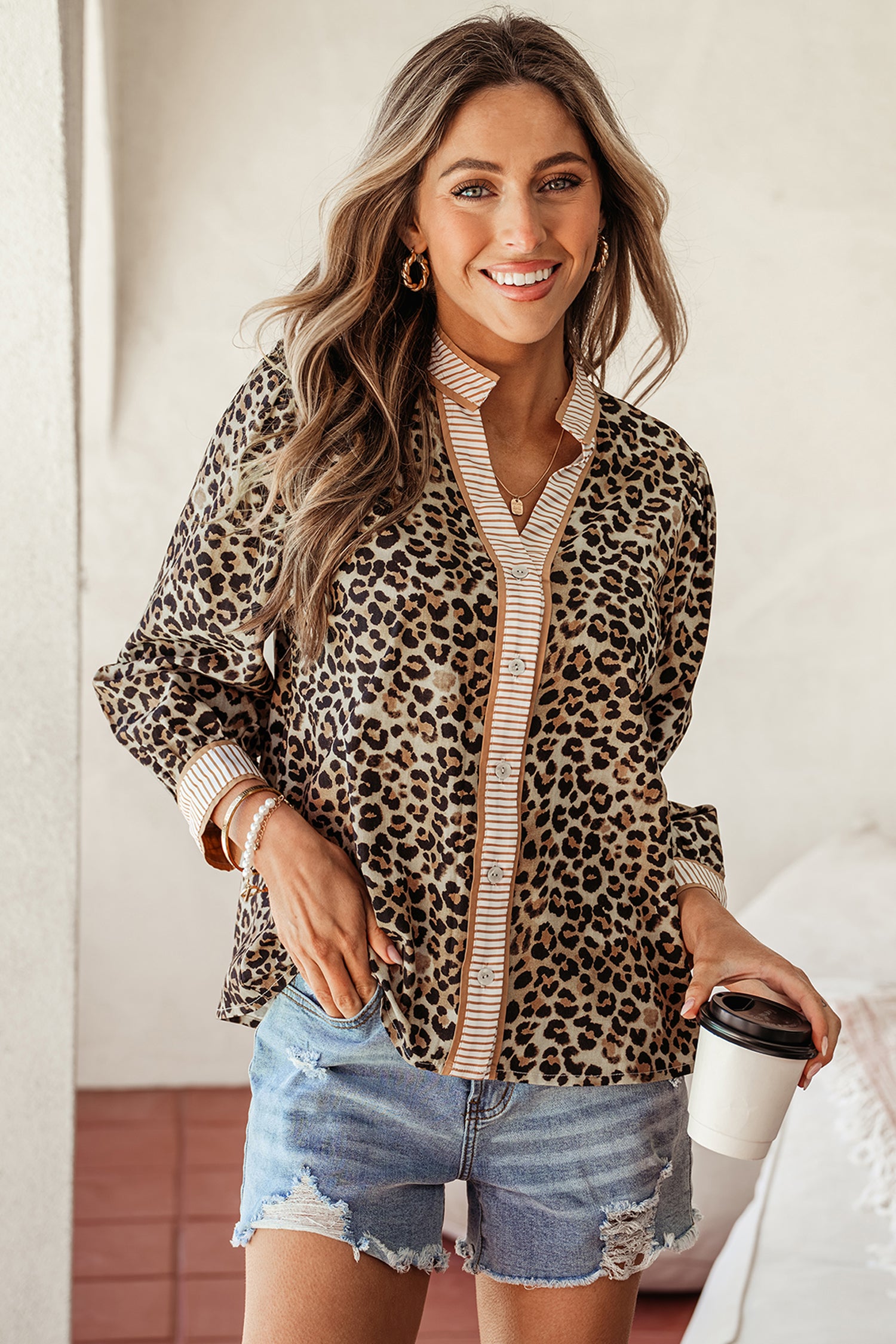 Khaki Contrast Striped Trim V Neck Leopard Shirt-Tops/Blouses & Shirts-[Adult]-[Female]-2022 Online Blue Zone Planet