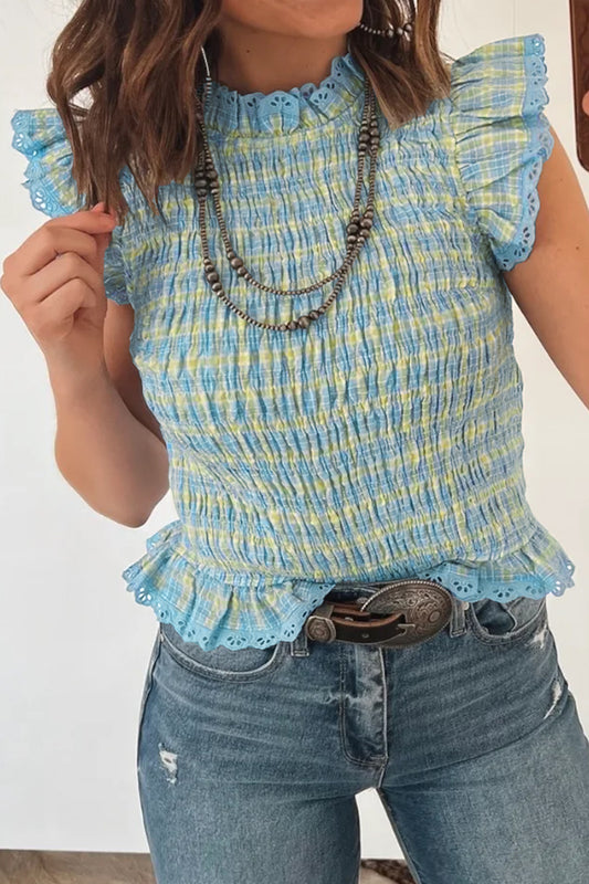 Multicolour Gingham Smoked Lace Trim Tank Top-Tops/Blouses & Shirts-[Adult]-[Female]-Multicolour-S-2022 Online Blue Zone Planet