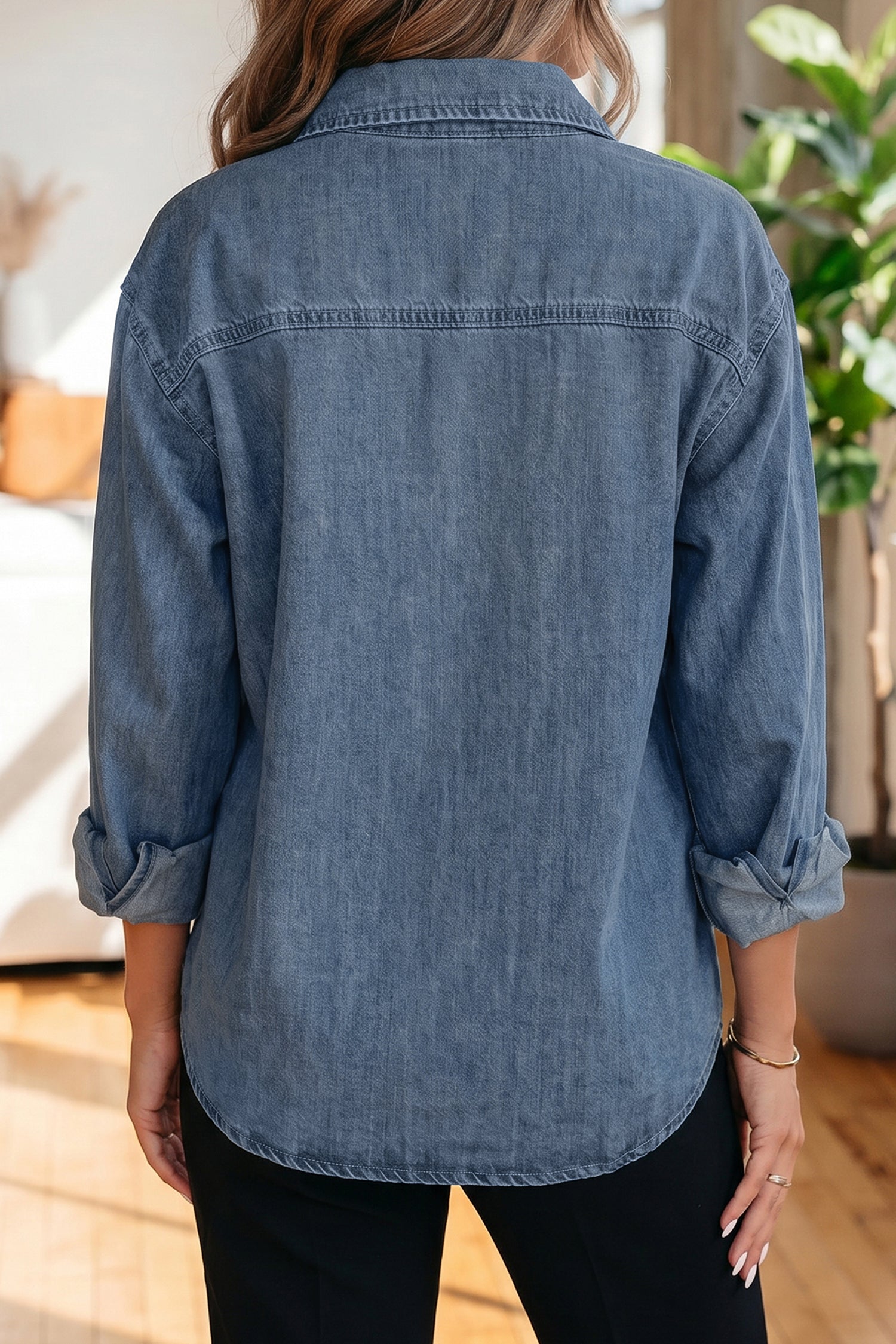 Sky Blue Color Block Pocket Detail Casual Button Down Denim Shirt-Tops/Blouses & Shirts-[Adult]-[Female]-2022 Online Blue Zone Planet