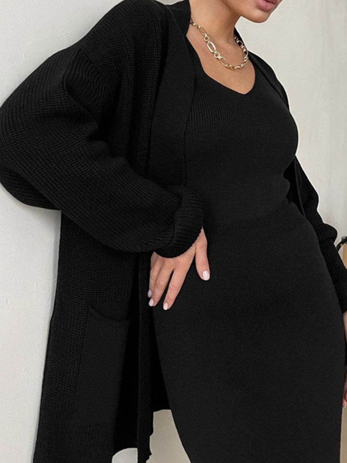 Pocketed Long Sleeve Cardigan and Skirt Sweater Set-TOPS / DRESSES-[Adult]-[Female]-Black-One Size-2022 Online Blue Zone Planet