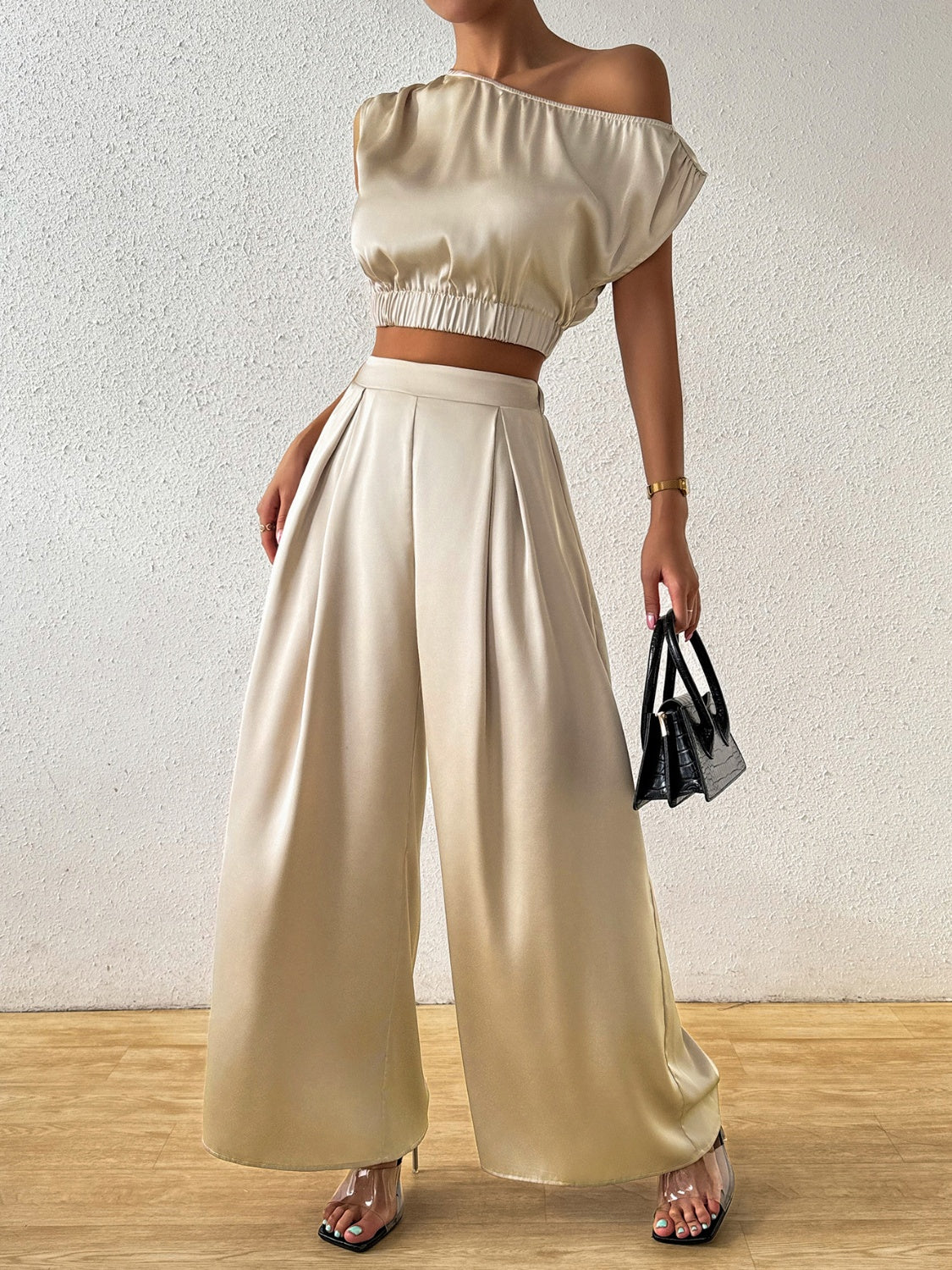 One Shoulder Short Sleeve Top and Wide Leg Pants Set-TOPS / DRESSES-[Adult]-[Female]-2022 Online Blue Zone Planet