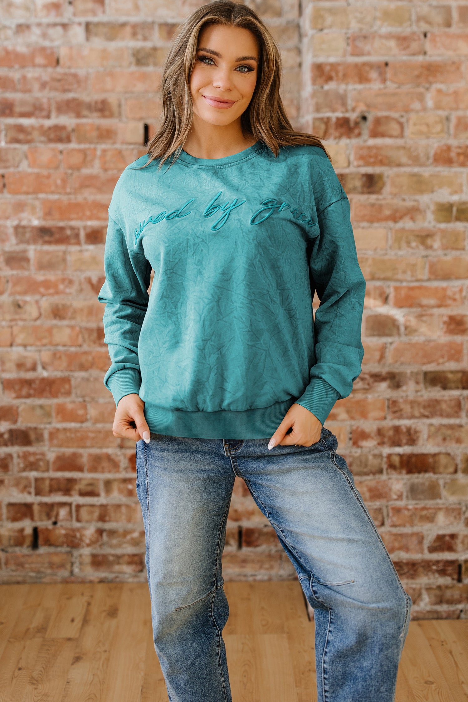 High-Rise Saved By Grace Letter Embroidery Mineral Wash Loose Sweatshirt-Tops/Sweatshirts & Hoodies-[Adult]-[Female]-2022 Online Blue Zone Planet