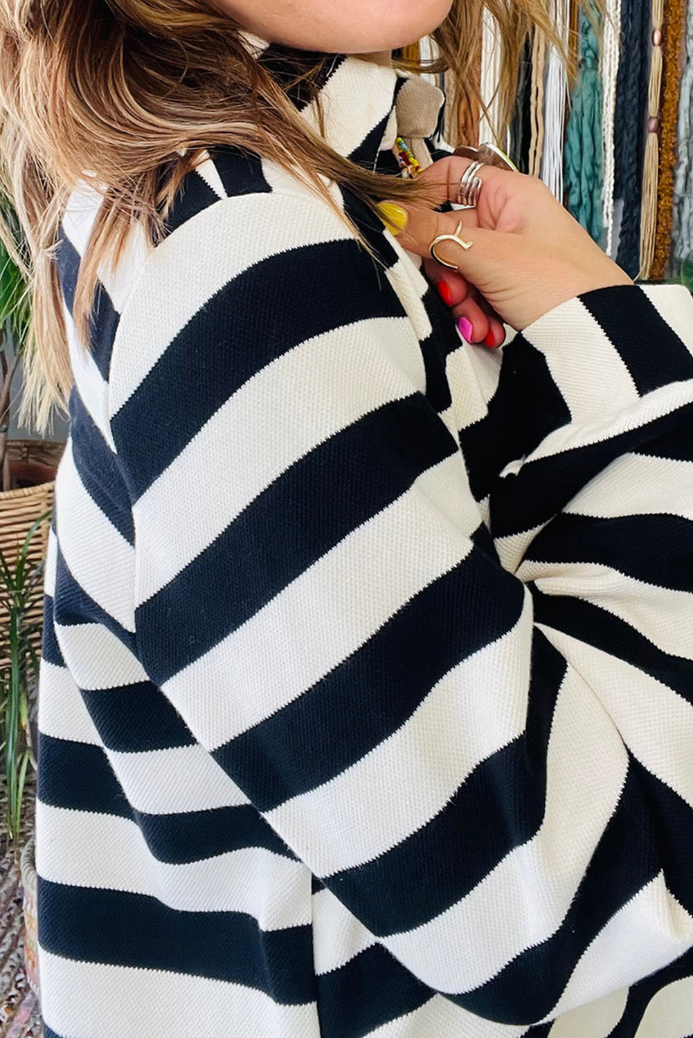 Black Stripe Polo Neck Shift Fit Sweatshirt Dress with Side Pockets-Dresses/Mini Dresses-[Adult]-[Female]-2022 Online Blue Zone Planet