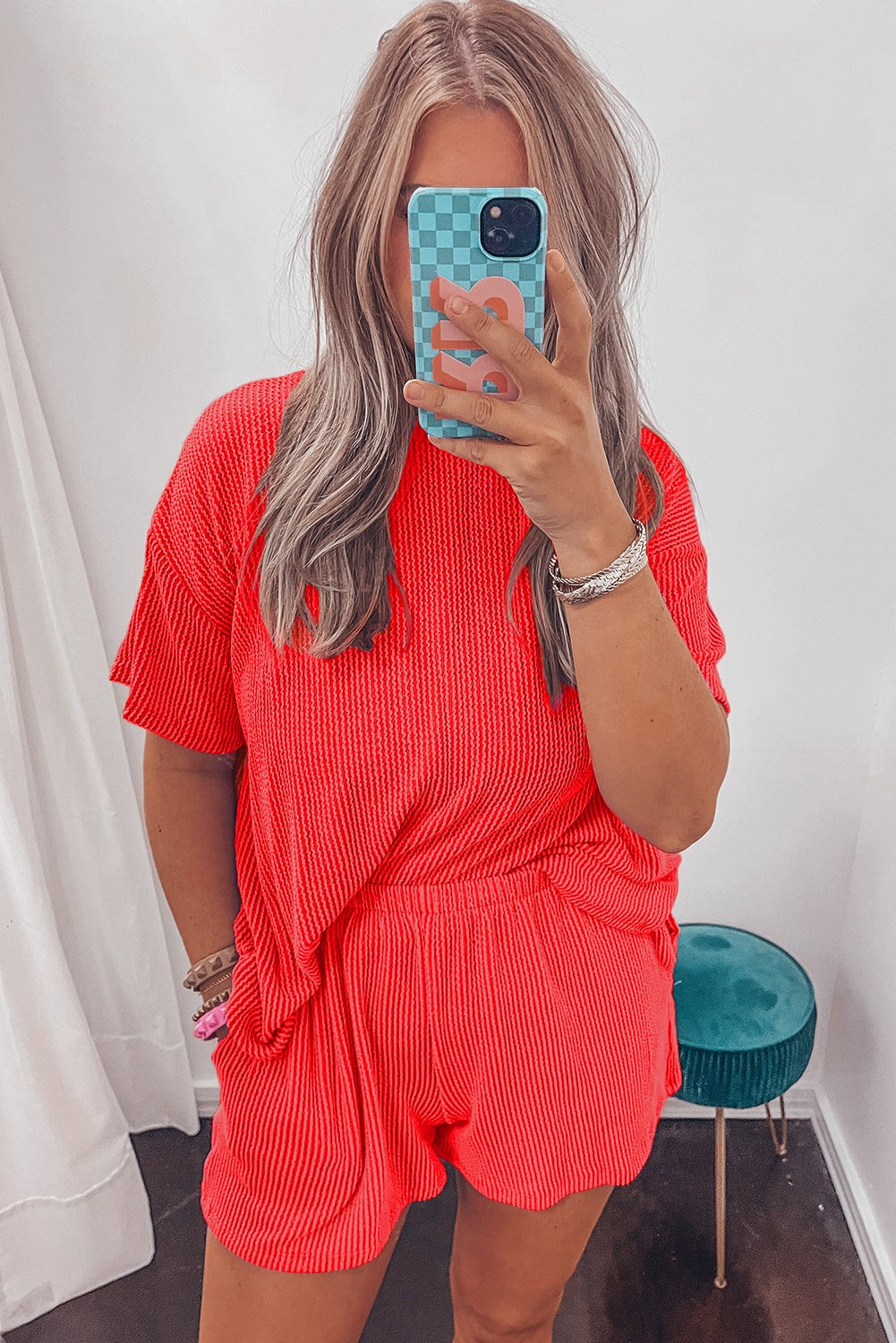 Carbon Grey Ribbed Textured Knit Loose Fit Tee and Shorts Set-Two Piece Sets/Short Sets-[Adult]-[Female]-2022 Online Blue Zone Planet