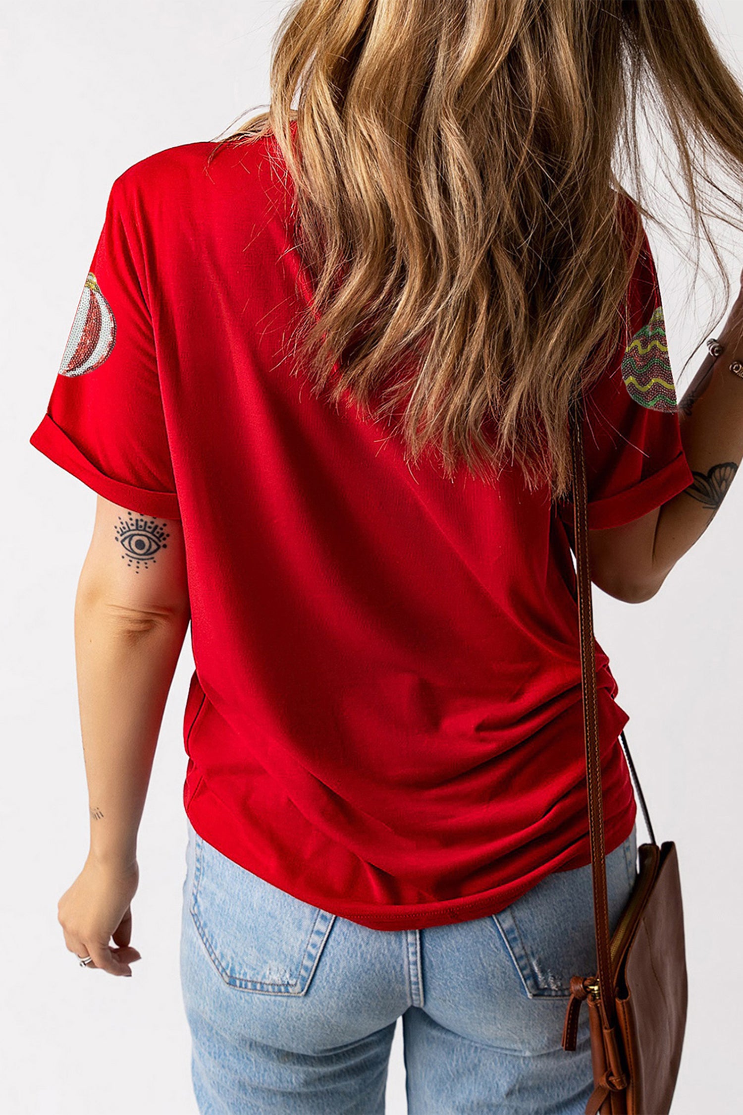 Red Christmas Ornament Bulbs Sequin Graphic Tee-Graphic/Graphic Tees-[Adult]-[Female]-2022 Online Blue Zone Planet