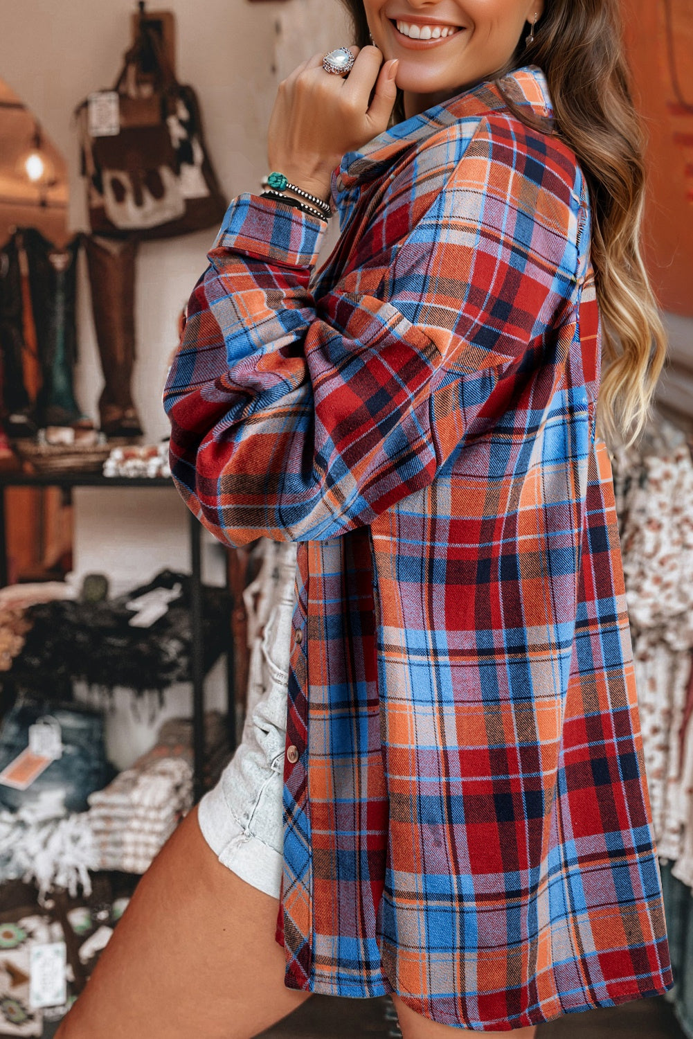 Blue Zone Planet | Red Plaid Print Loose Vintage Shirt-Tops/Blouses & Shirts-[Adult]-[Female]-2022 Online Blue Zone Planet