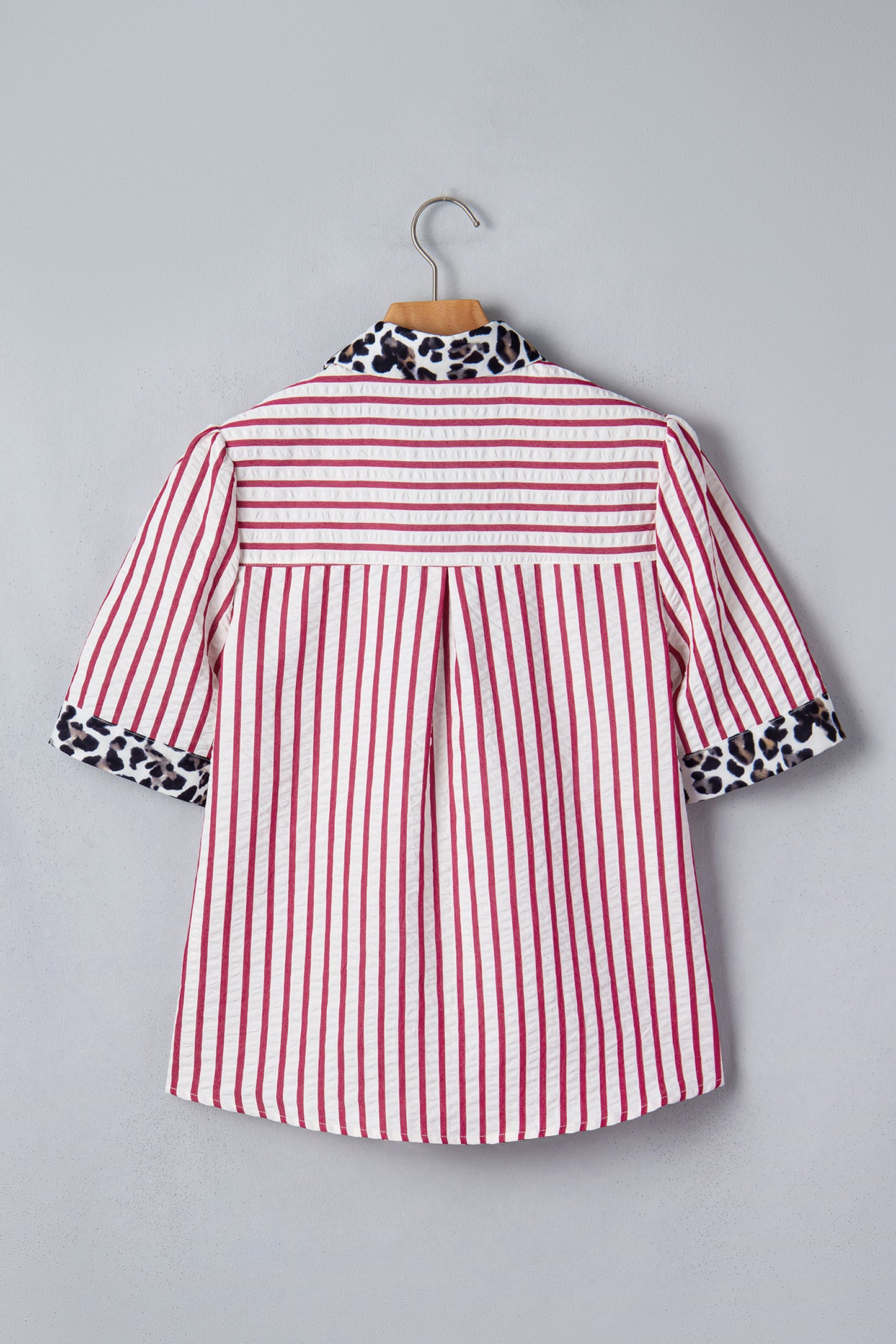 Red Stripe Leopard Contrast Trim Half Button Blouse-Tops/Blouses & Shirts-[Adult]-[Female]-2022 Online Blue Zone Planet