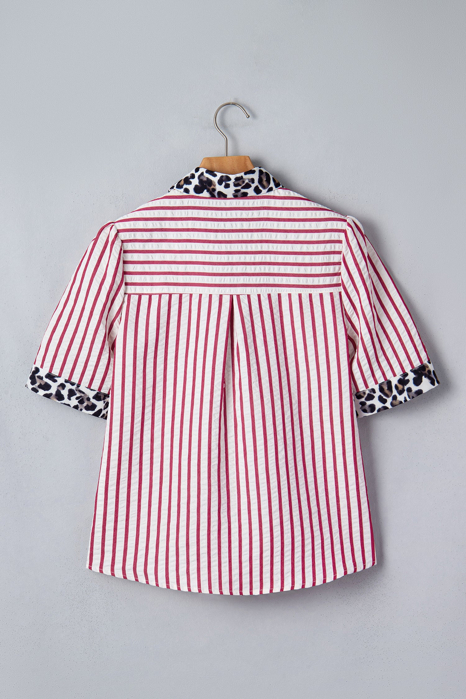Red Stripe Leopard Contrast Trim Half Button Blouse-Tops/Blouses & Shirts-[Adult]-[Female]-2022 Online Blue Zone Planet
