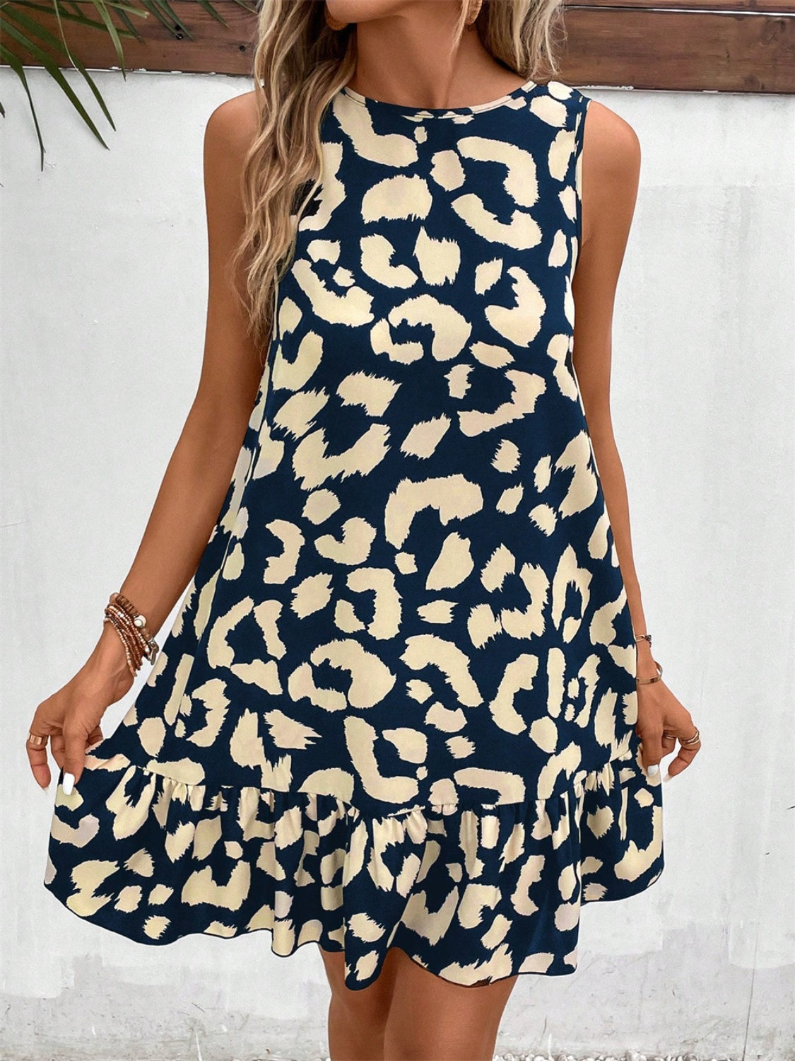 Tied Leopard Round Neck Tank Dress-TOPS / DRESSES-[Adult]-[Female]-Dark Navy-S-2022 Online Blue Zone Planet